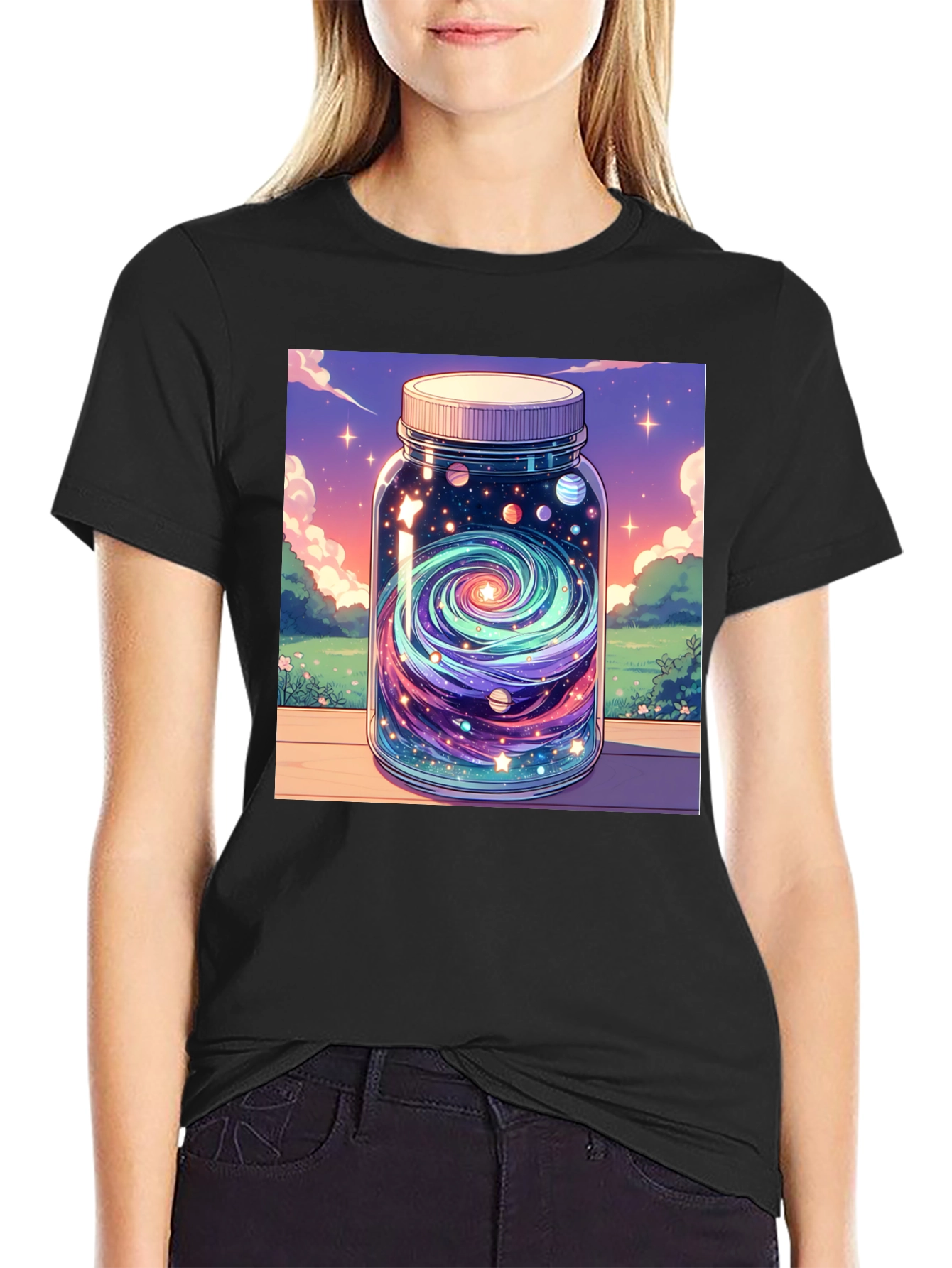 Galaxy Jar Graphic Tee - Black Cotton T-Shirt