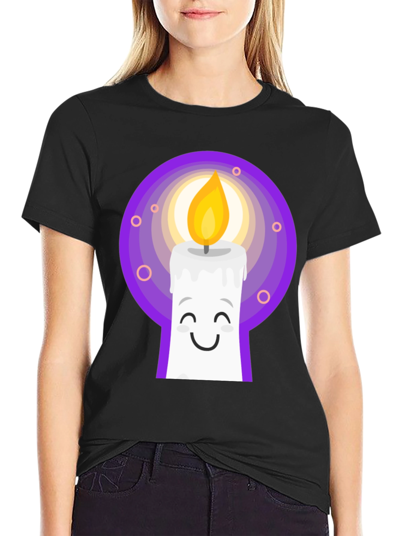 Cute Candle Cartoon Graphic Tee - Black