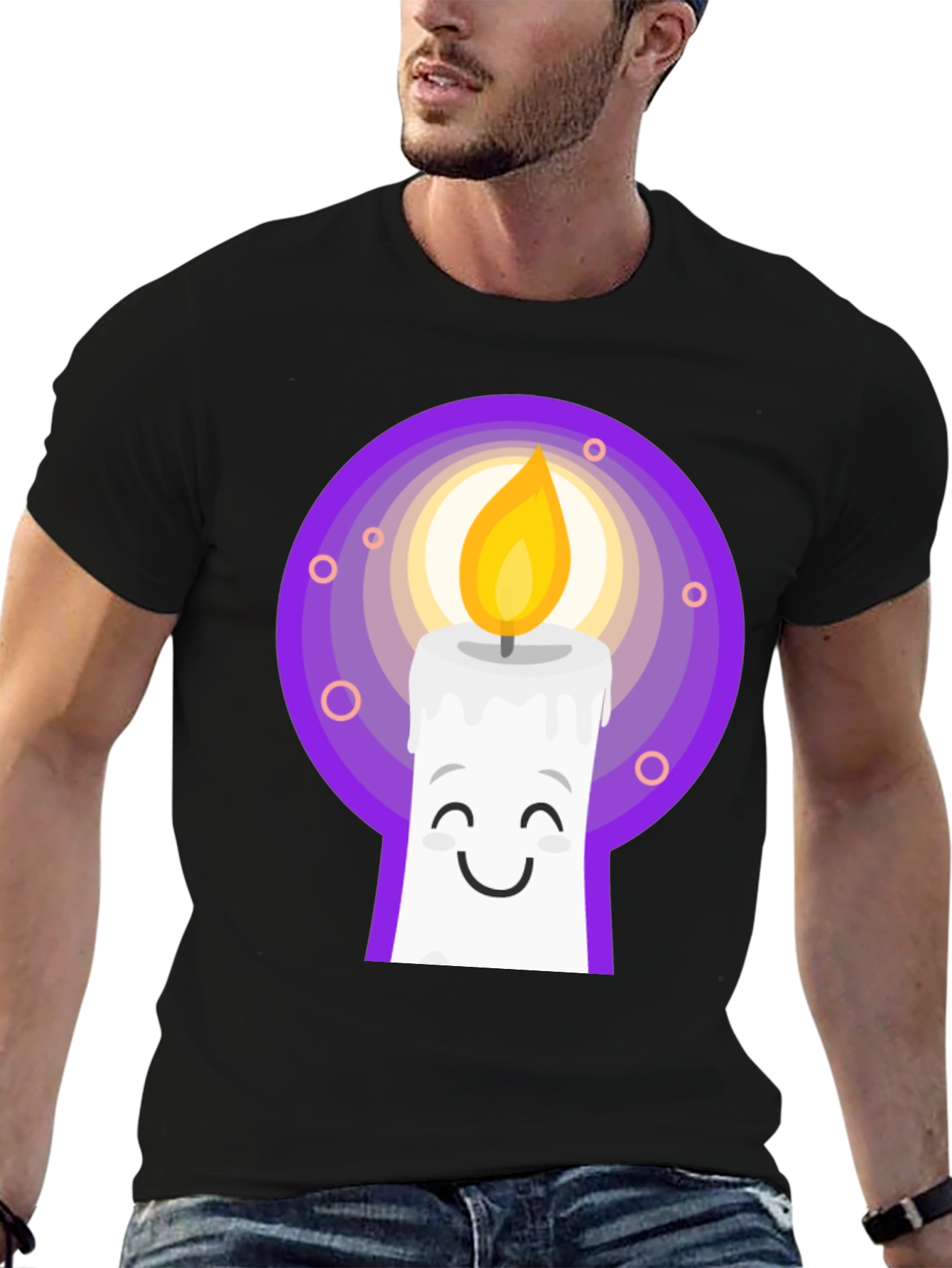 Cute Candle Cartoon Graphic Tee - Black