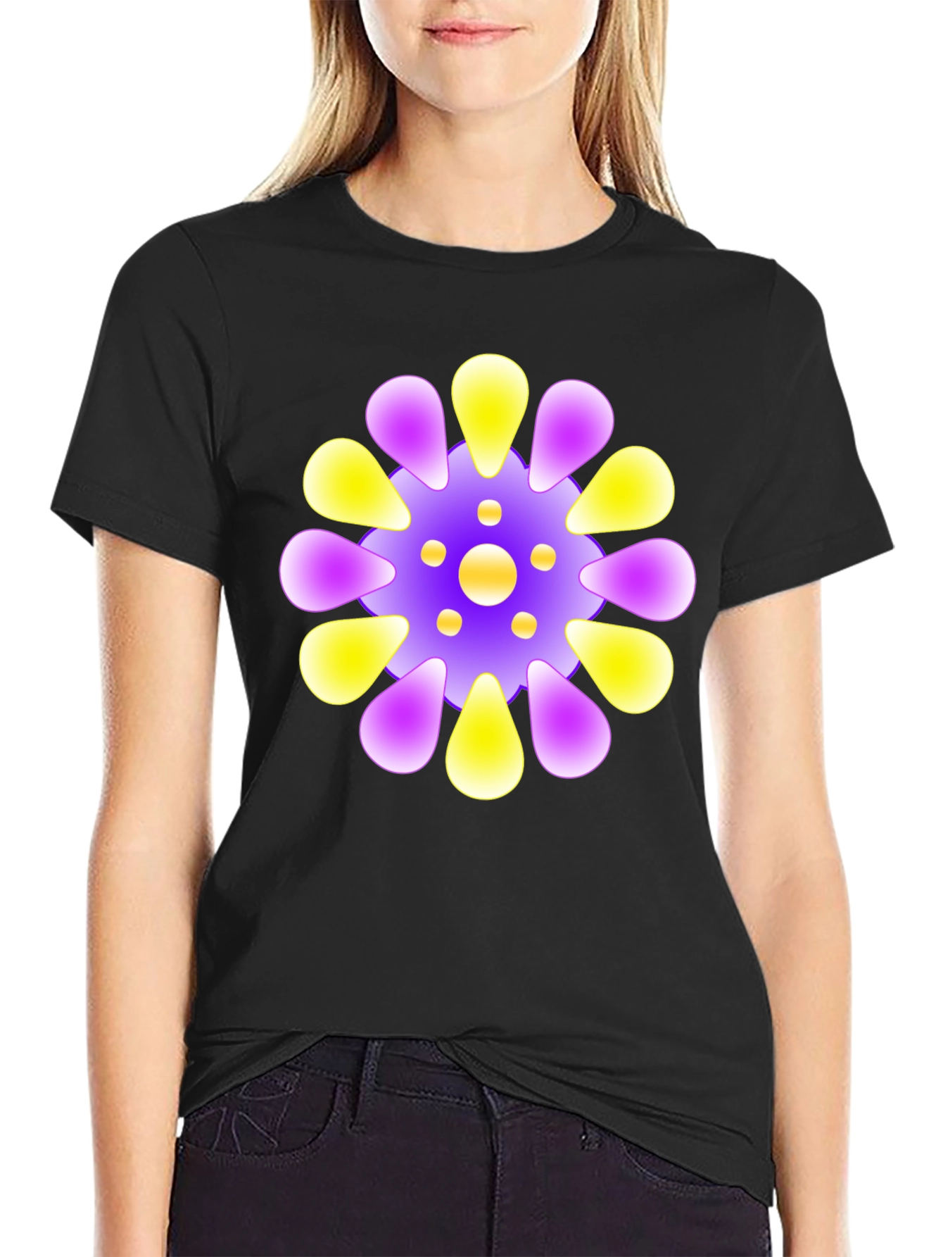 Vibrant Floral Design Black T-Shirt