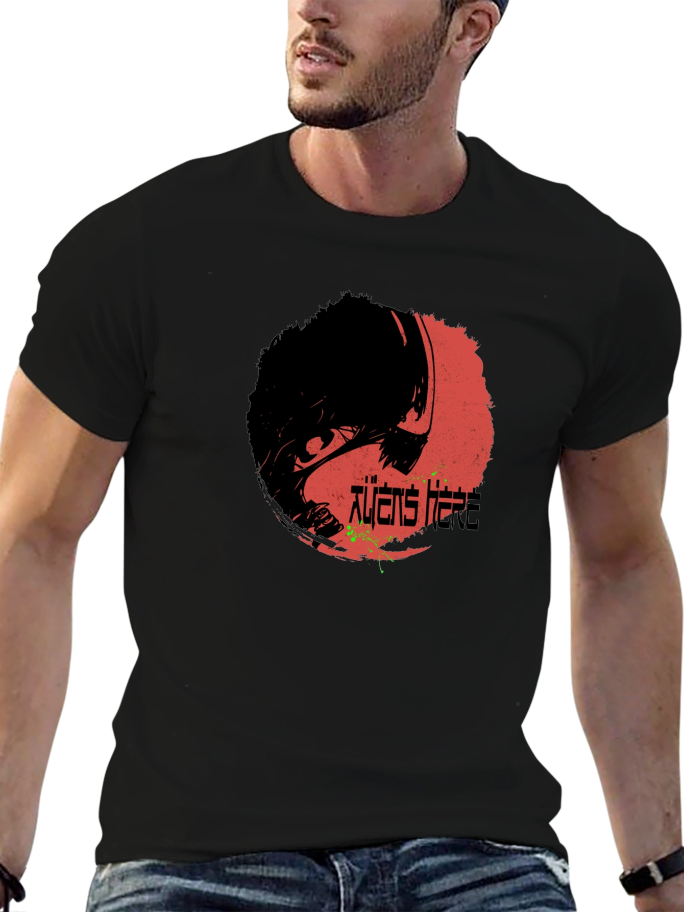 Aliens Here Graphic Print Black T-Shirt