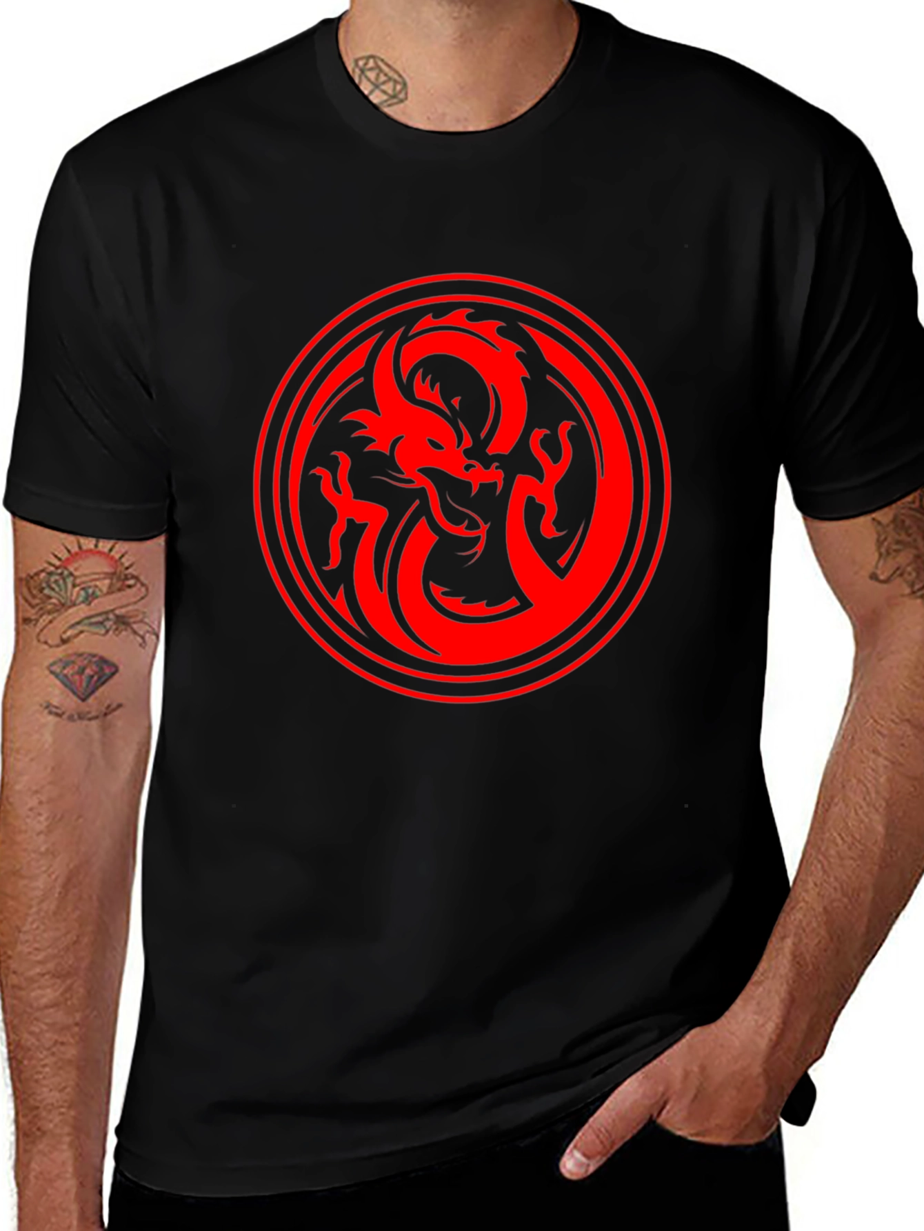 Dragon Circle Graphic Tee - Bold Red on Black