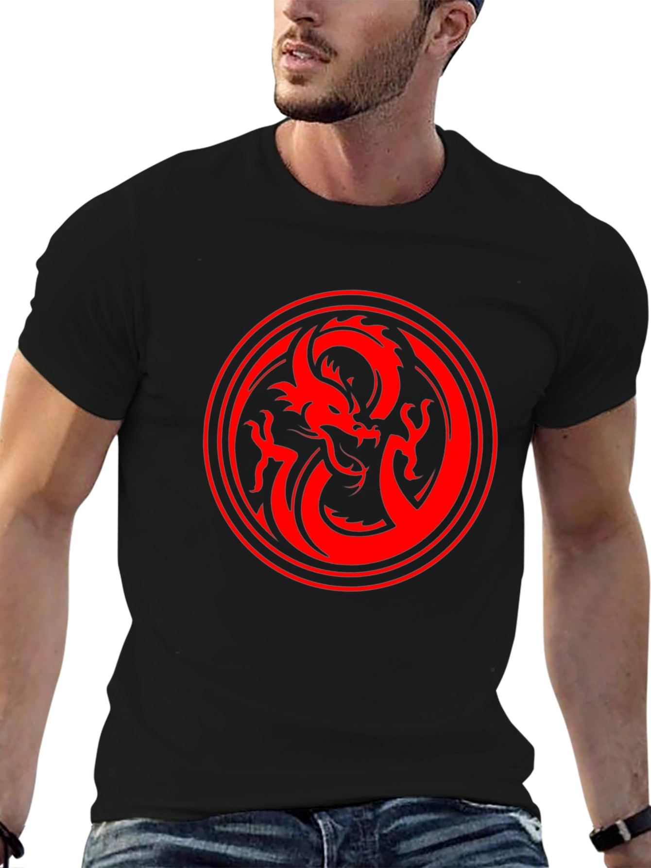 Dragon Circle Graphic Tee - Bold Red on Black