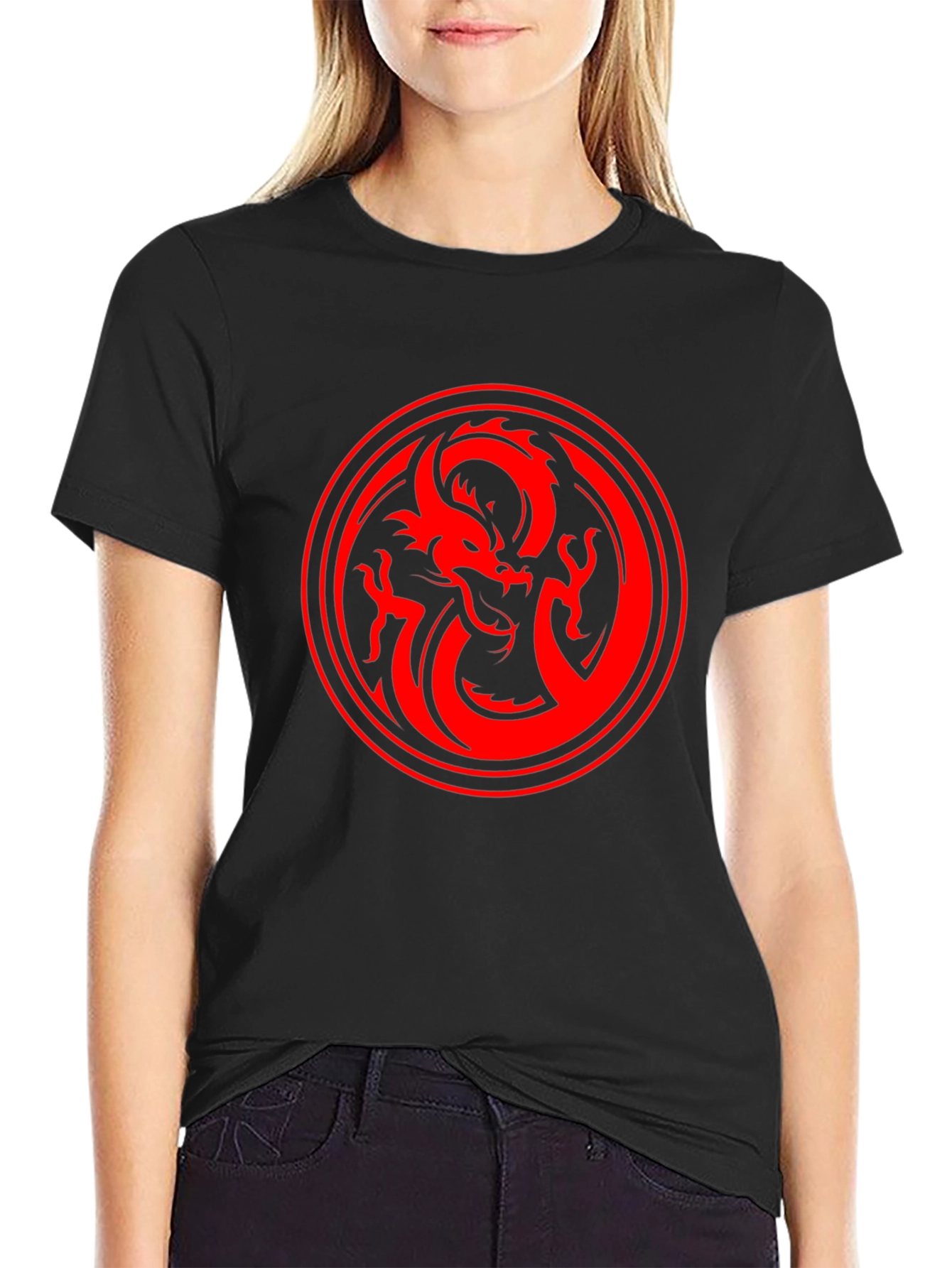 Dragon Circle Graphic Tee - Bold Red on Black