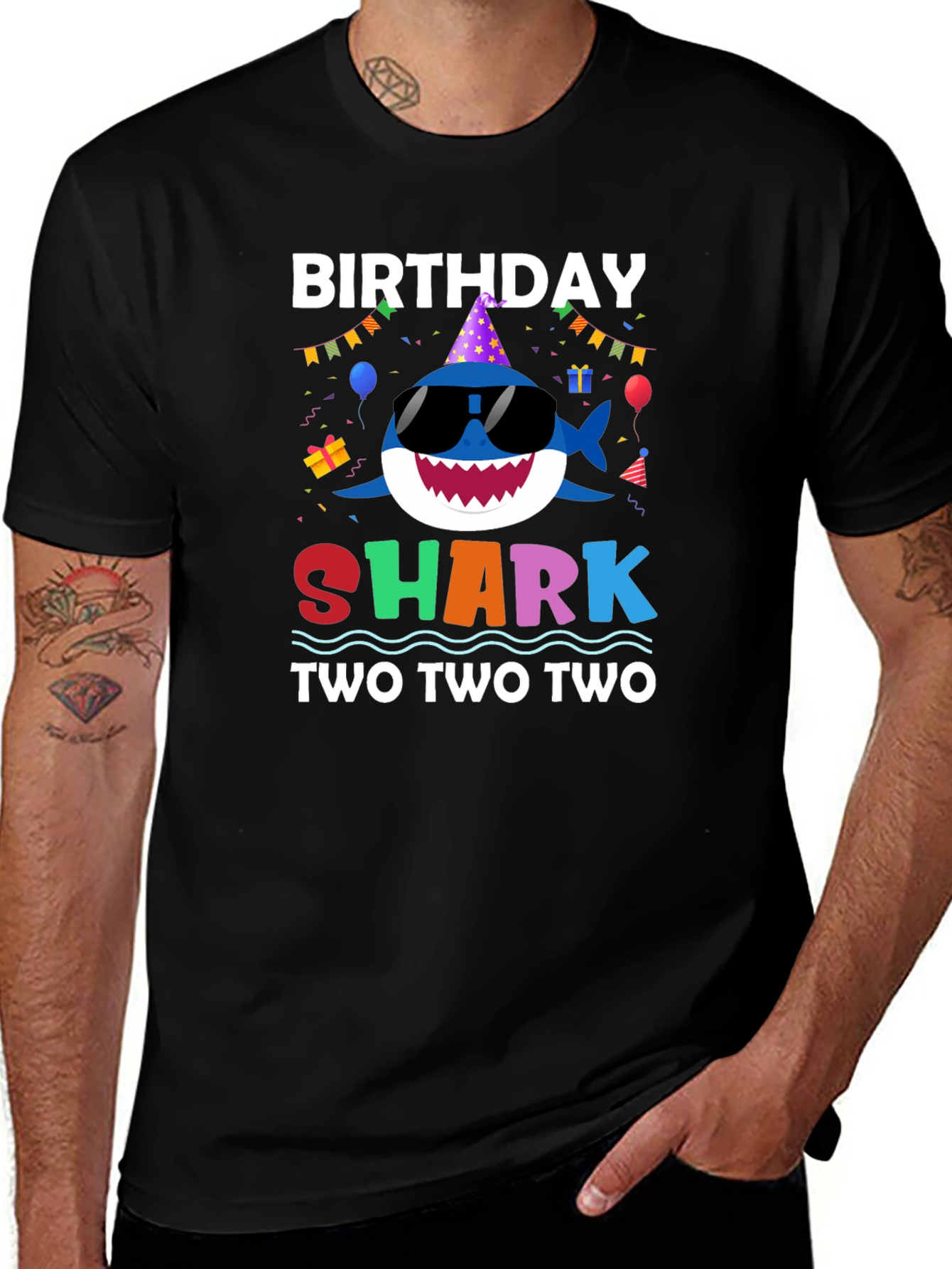 Birthday Shark Two Two Two Black T-Shirt