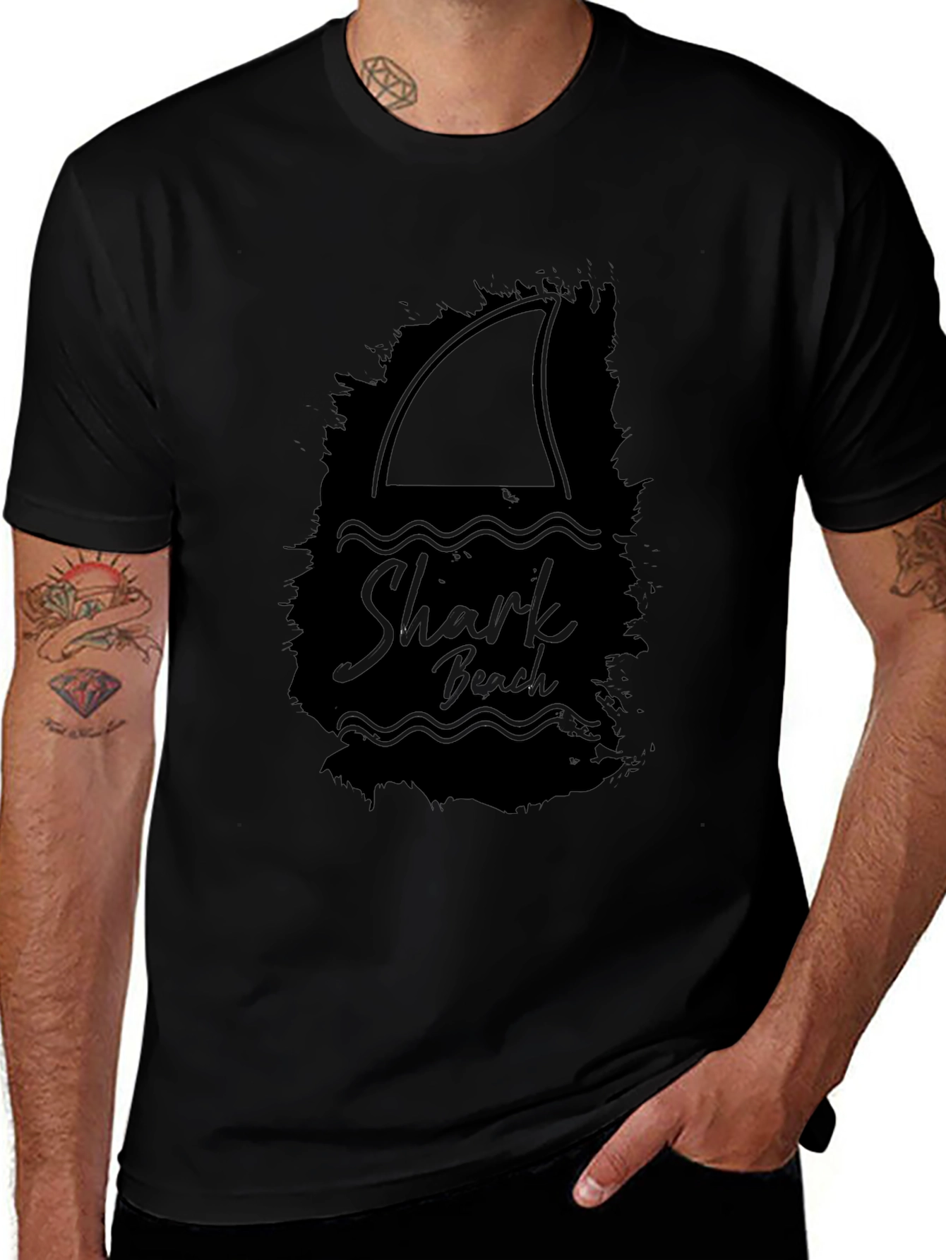 Shark Beach Graphic Tee - Black Cotton T-Shirt