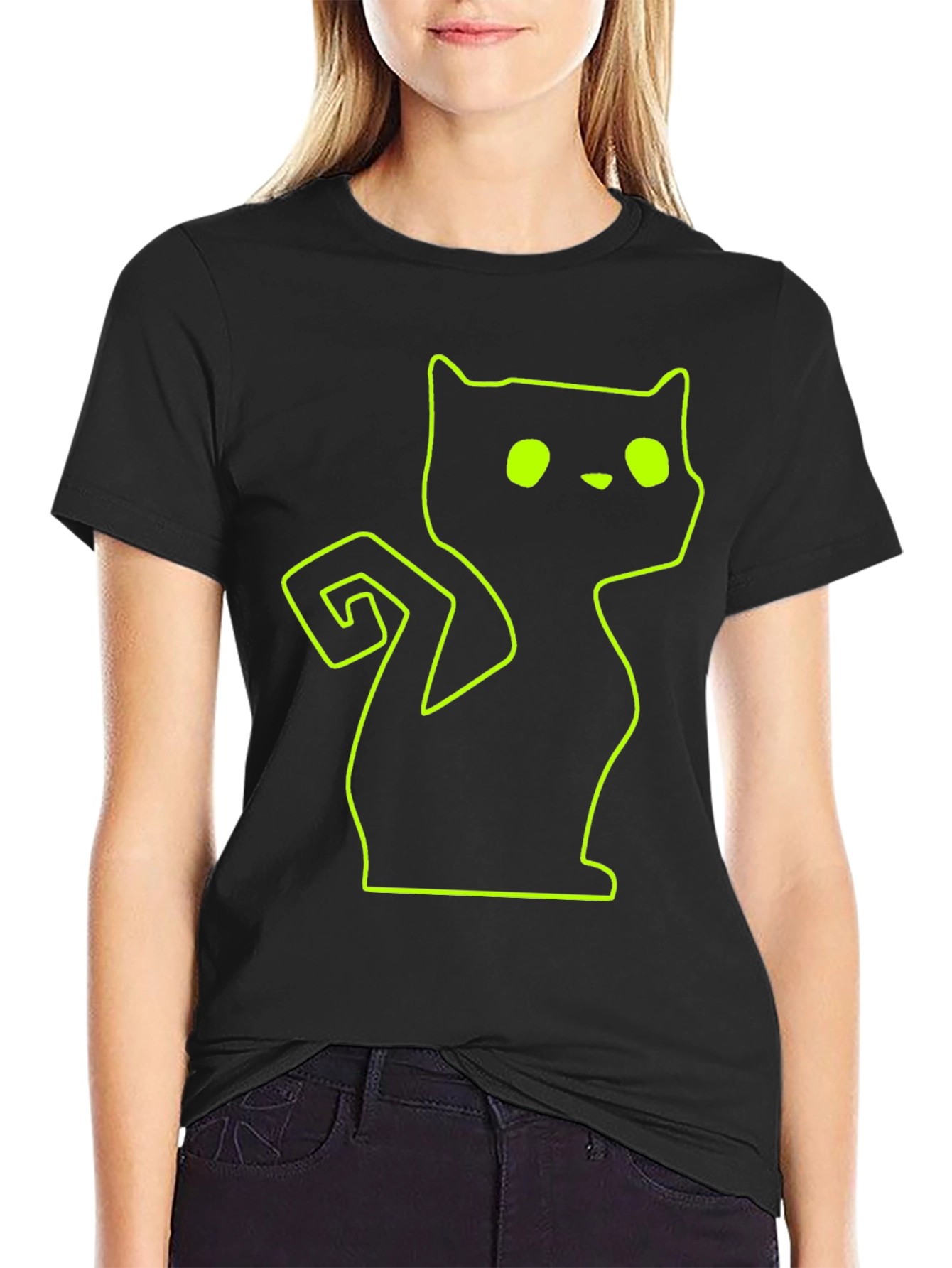 Neon Cat Outline Black T-Shirt
