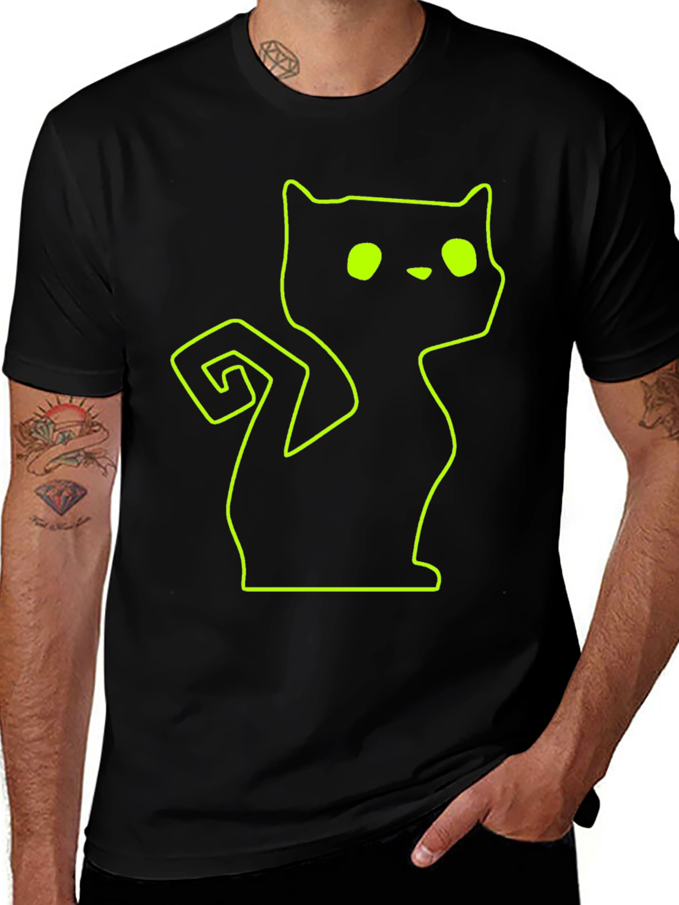 Neon Cat Outline Black T-Shirt
