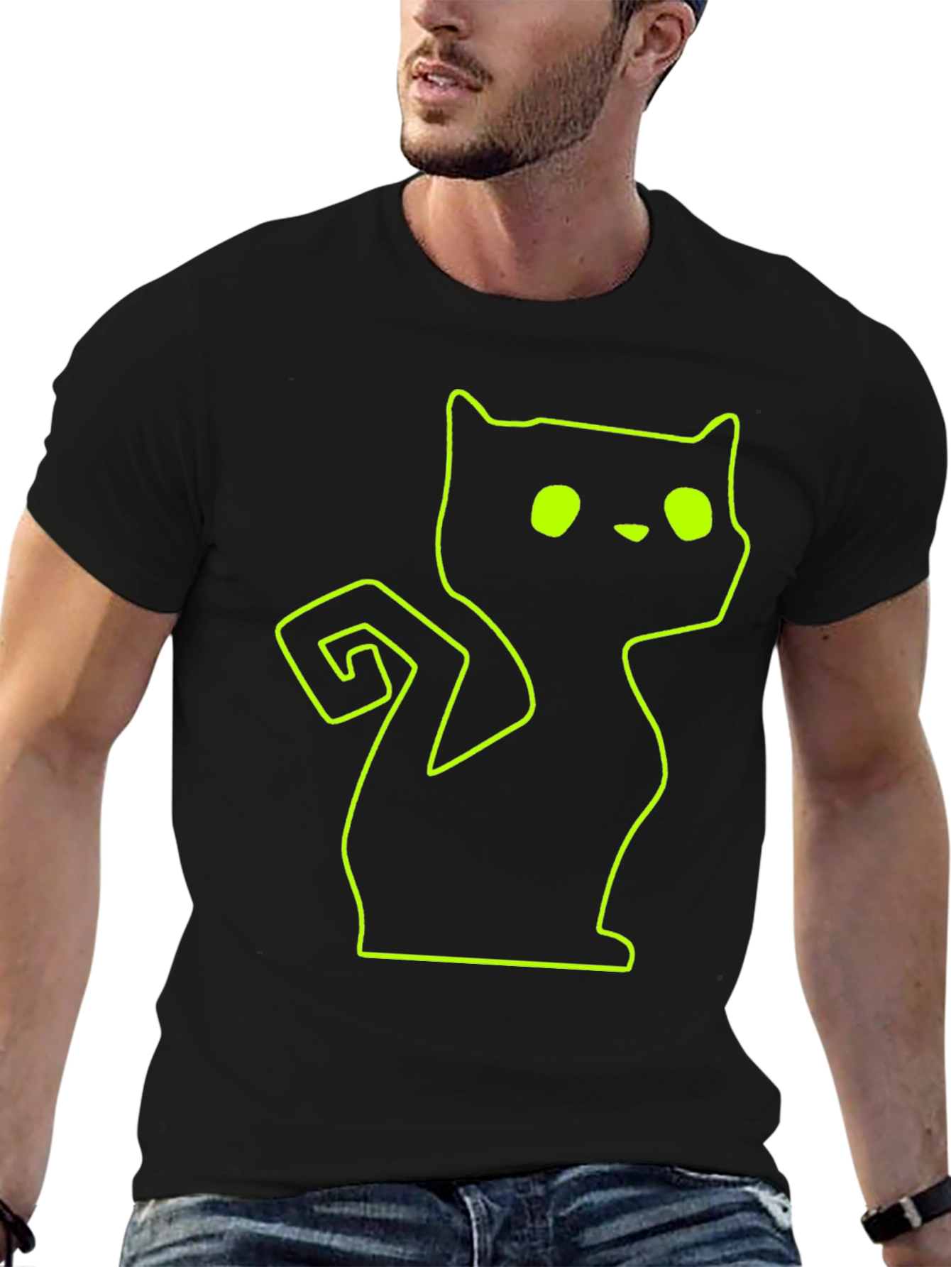 Neon Cat Outline Black T-Shirt