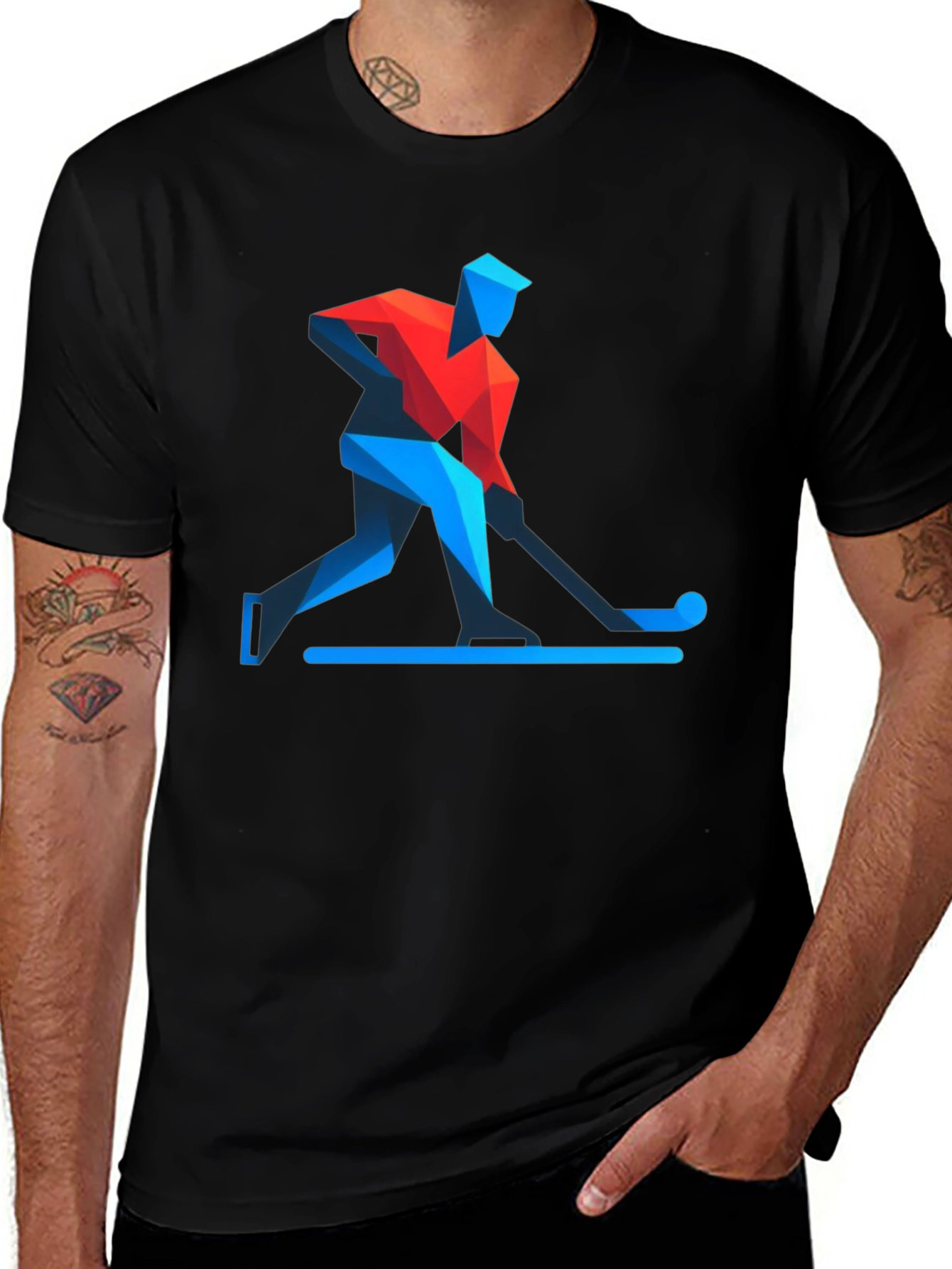 Geometric Hockey Player Black T-Shirt