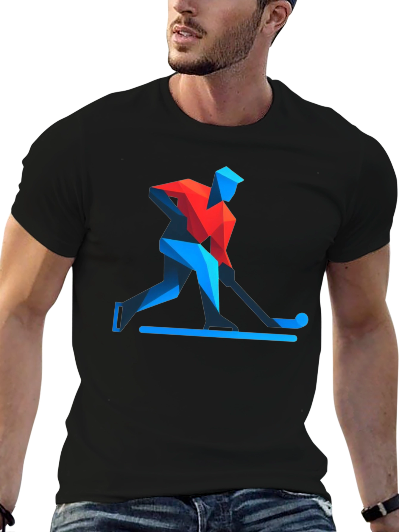 Geometric Hockey Player Black T-Shirt