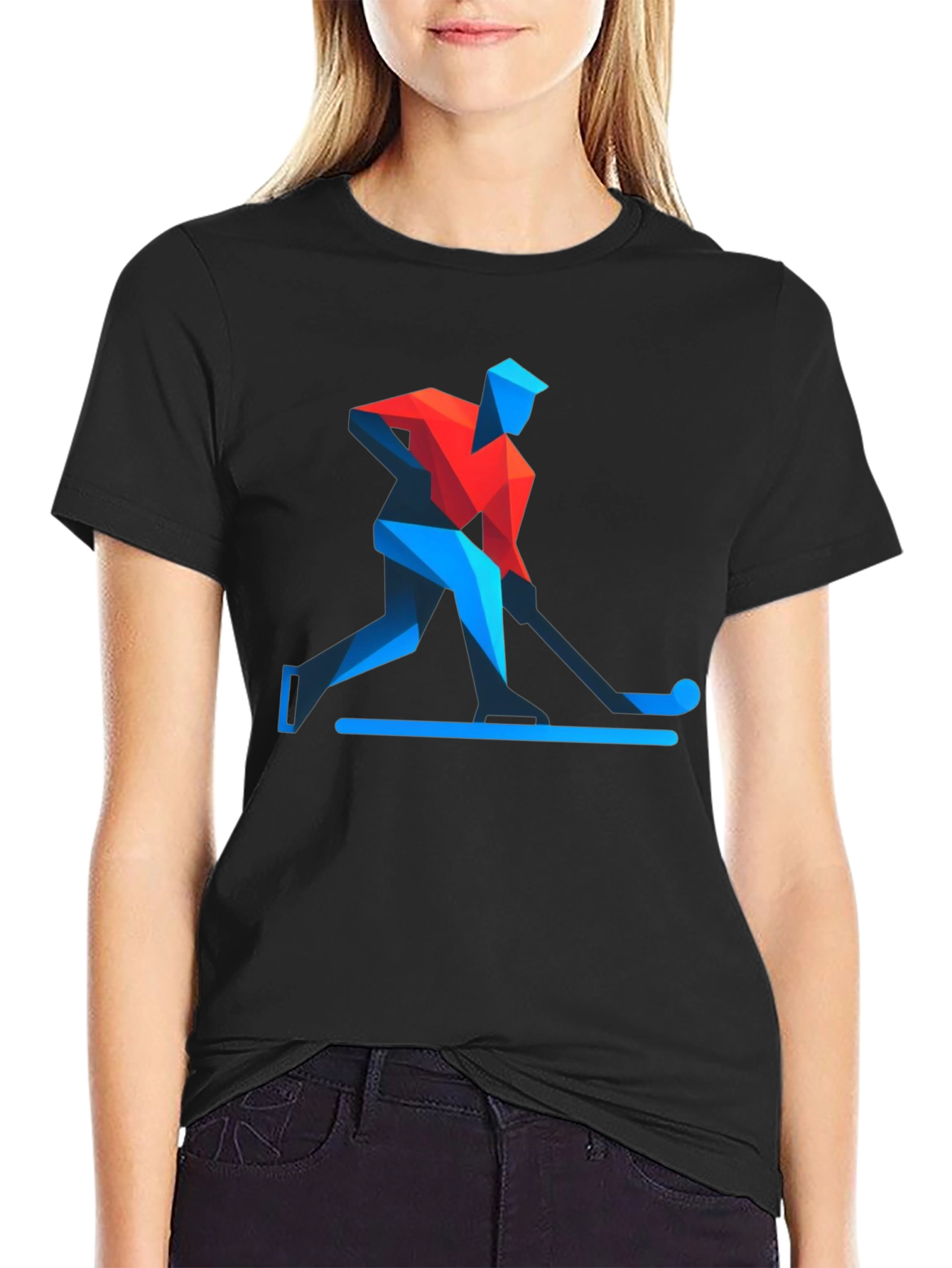 Geometric Hockey Player Black T-Shirt