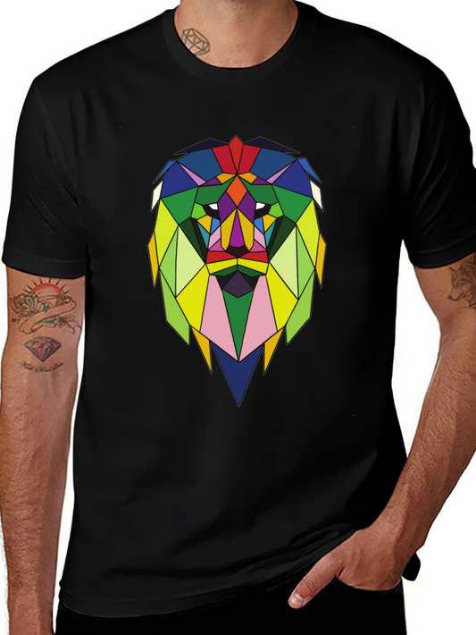 Geometric Lion Graphic Tee - Stylish Mens Black T-Shirt