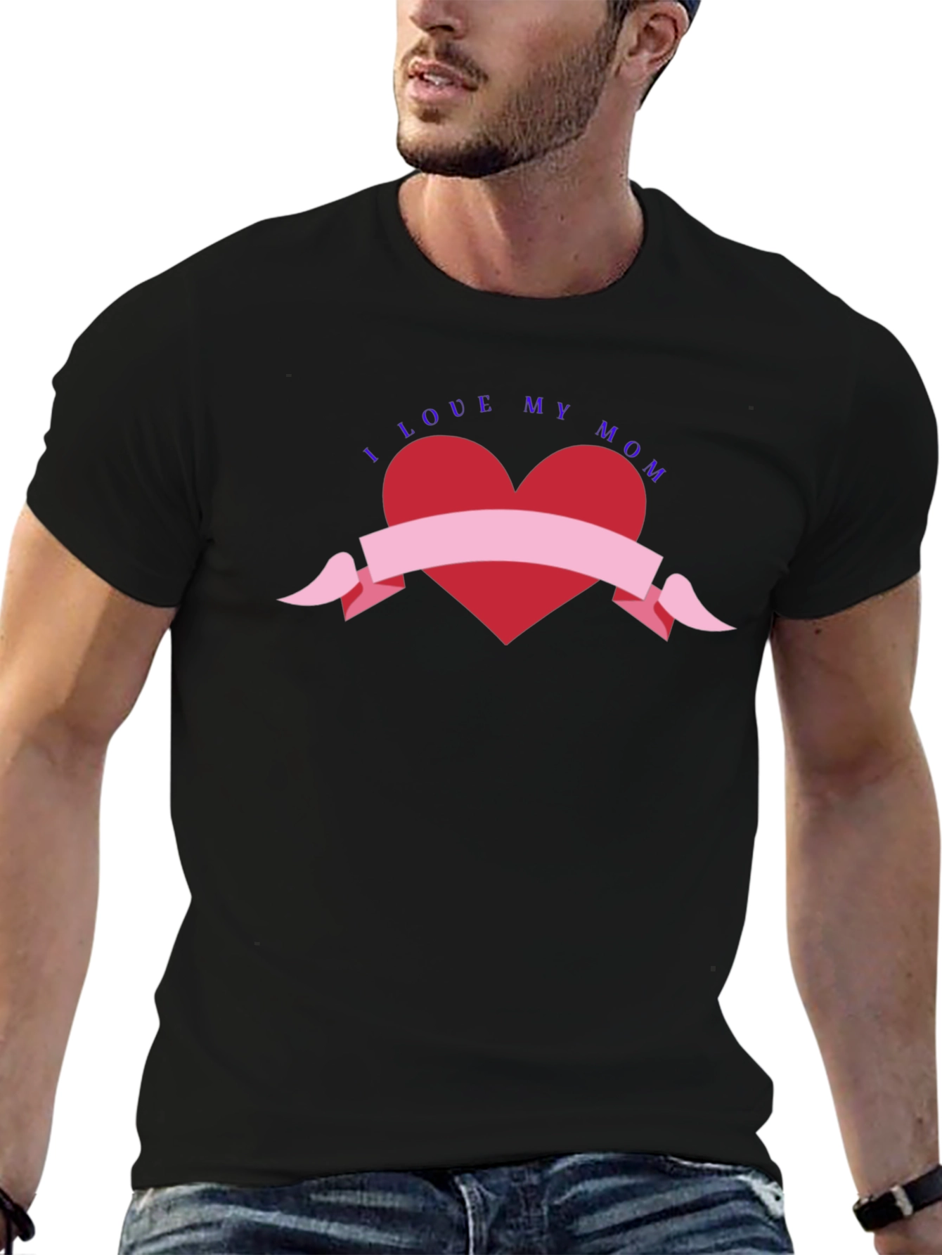 I Love My Mom Black T-Shirt with Heart Graphic