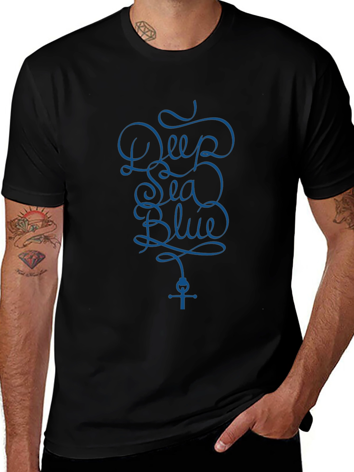 Deep Sea Blue Graphic Print Black T-Shirt