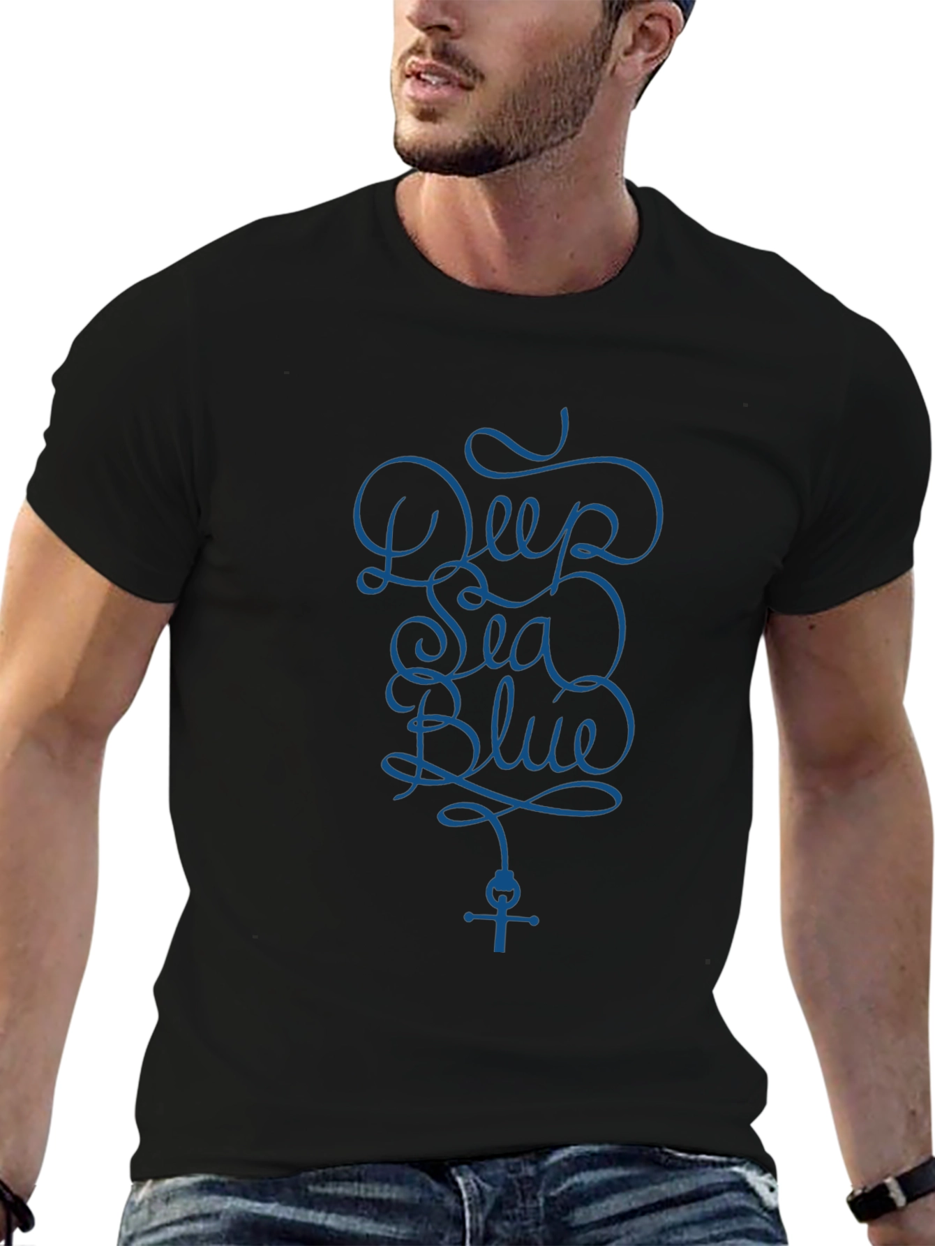 Deep Sea Blue Graphic Print Black T-Shirt