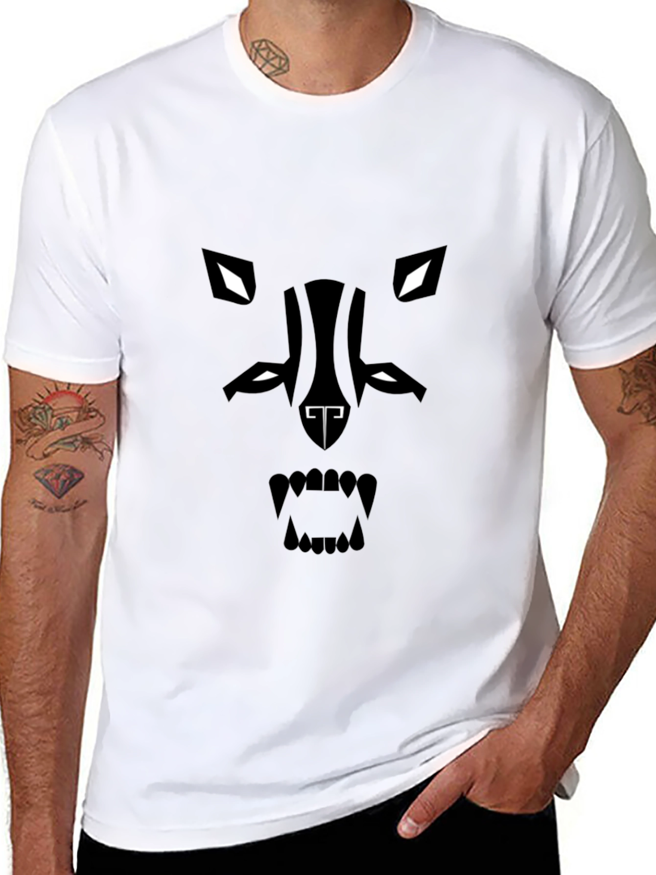 Mens Black Graphic Tee - Abstract Wolf Design