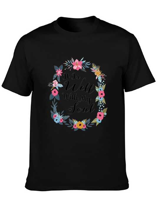 Floral Wreath It Is Well With My Soul Black T-Shirt