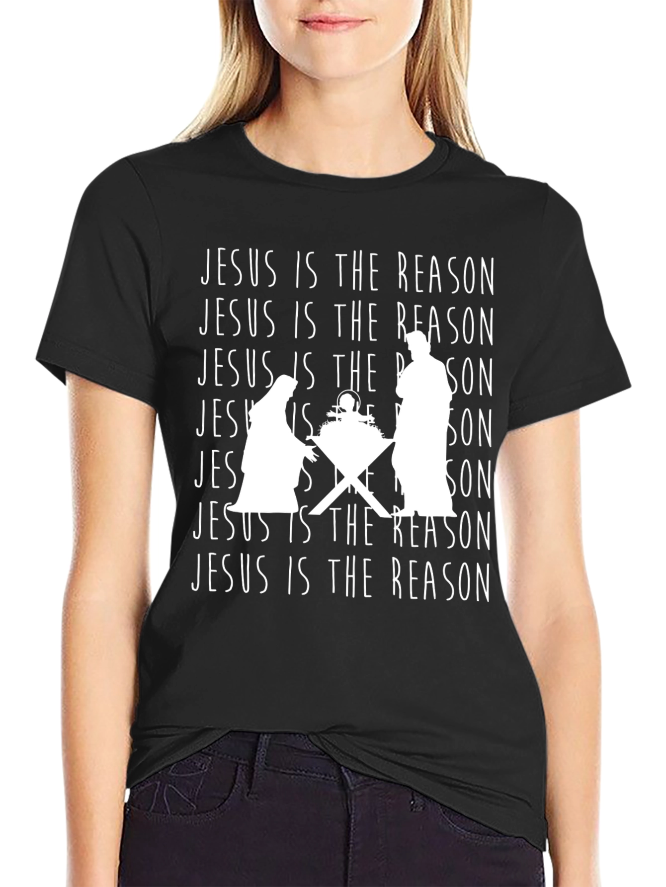 Jesus Is The Reason Nativity Scene Black T-Shirt