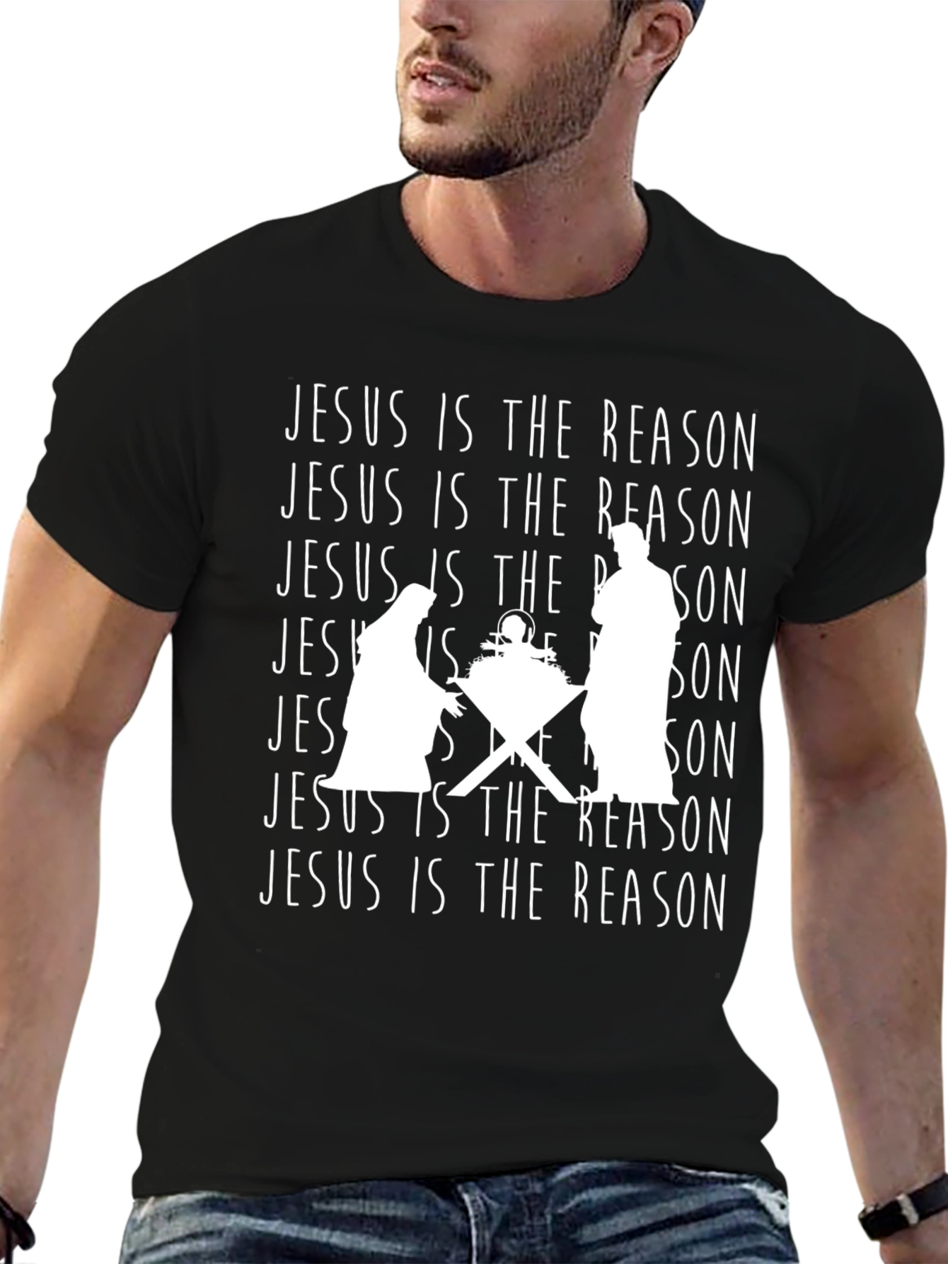 Jesus Is The Reason Nativity Scene Black T-Shirt