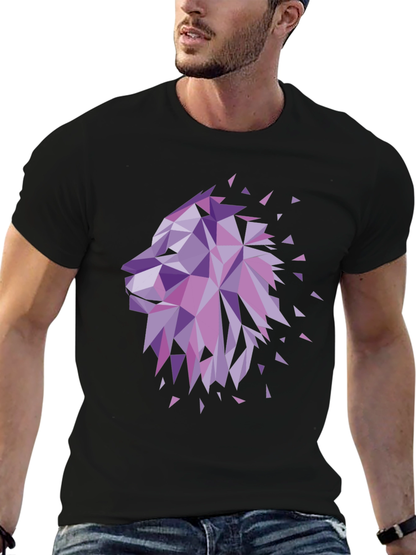 Geometric Lion Head Graphic Tee - Black