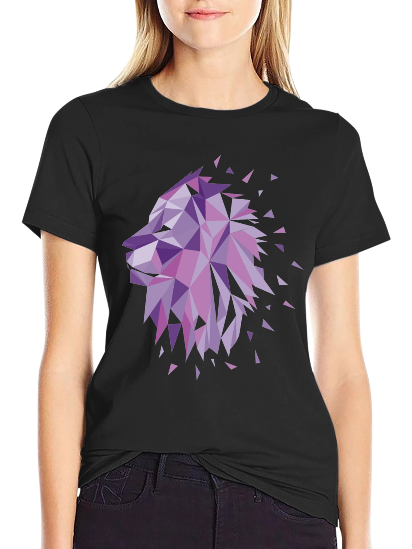 Geometric Lion Head Graphic Tee - Black