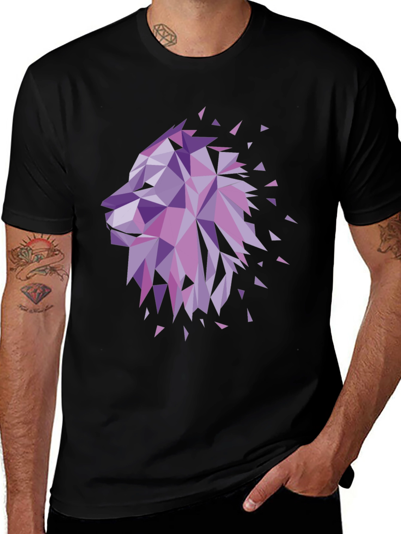 Geometric Lion Head Graphic Tee - Black