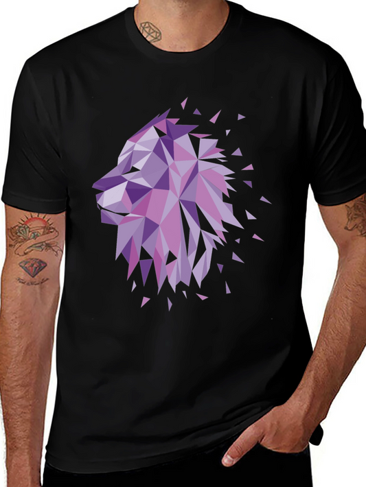Geometric Lion Head Graphic Tee - Black