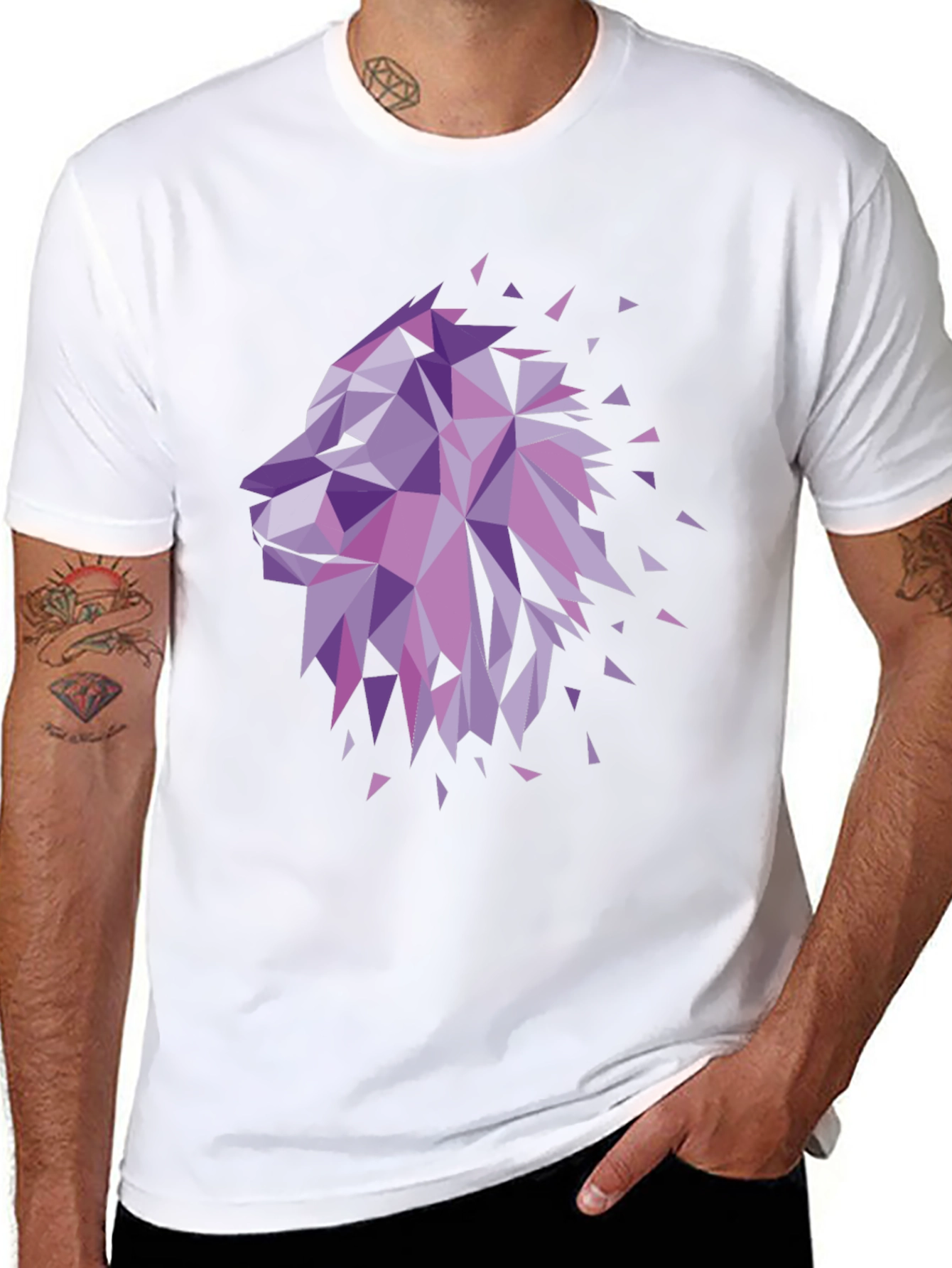 Geometric Lion Head Graphic Tee - Black