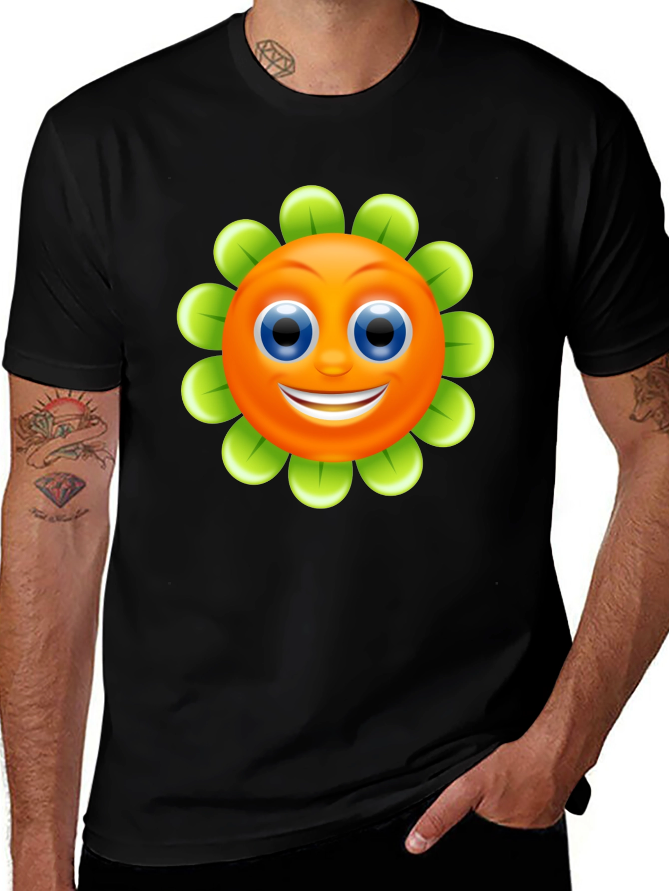 Smiling Flower Graphic Tee - Black Cotton Blend