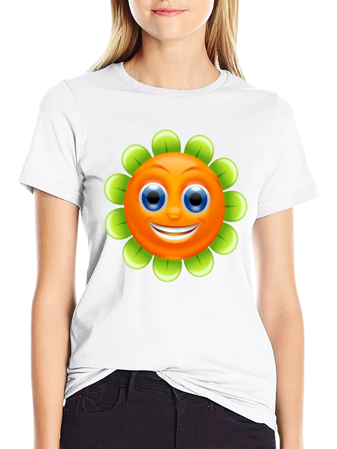 Smiling Flower Graphic Tee - Black Cotton Blend