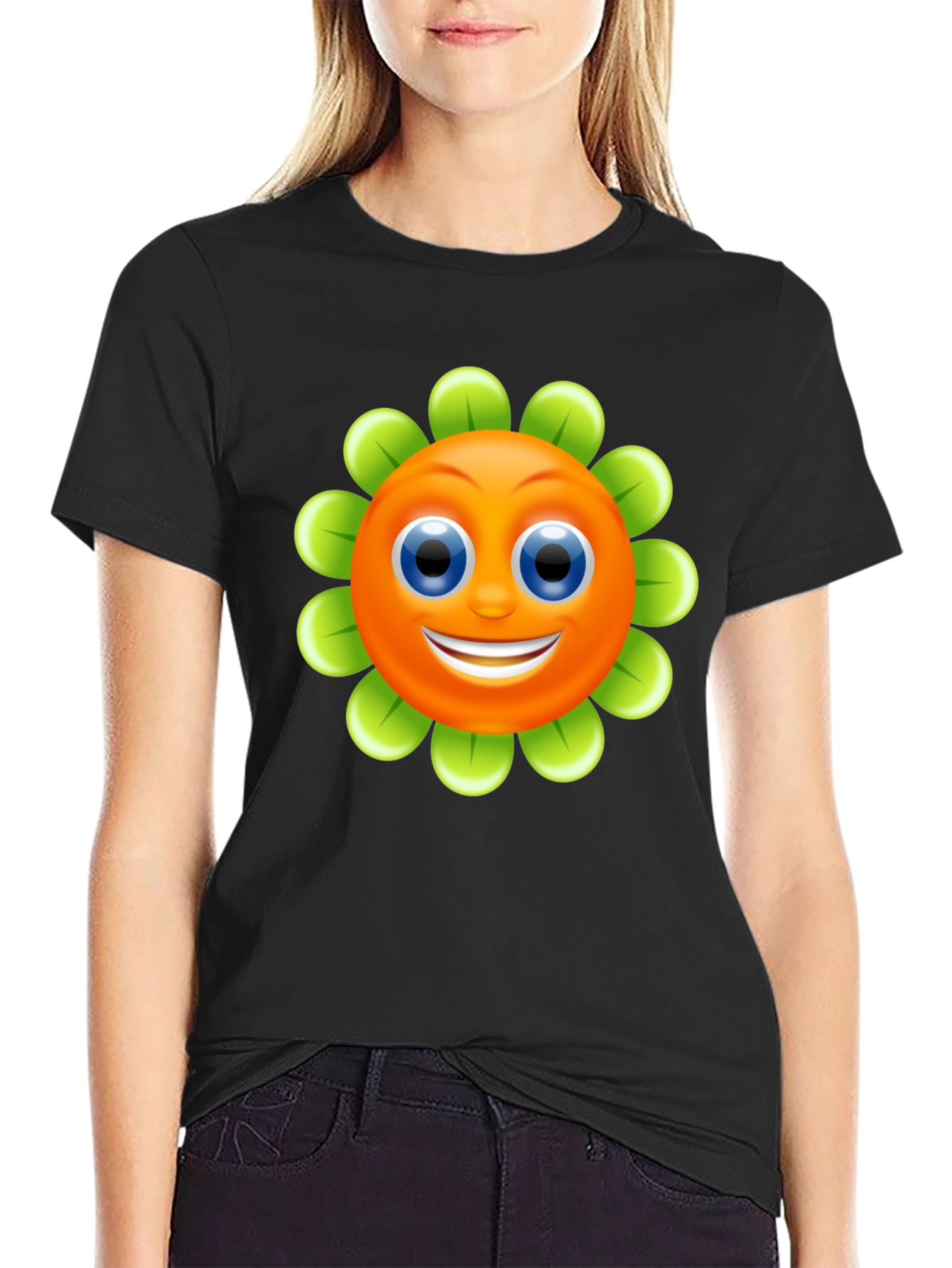 Smiling Flower Graphic Tee - Black Cotton Blend