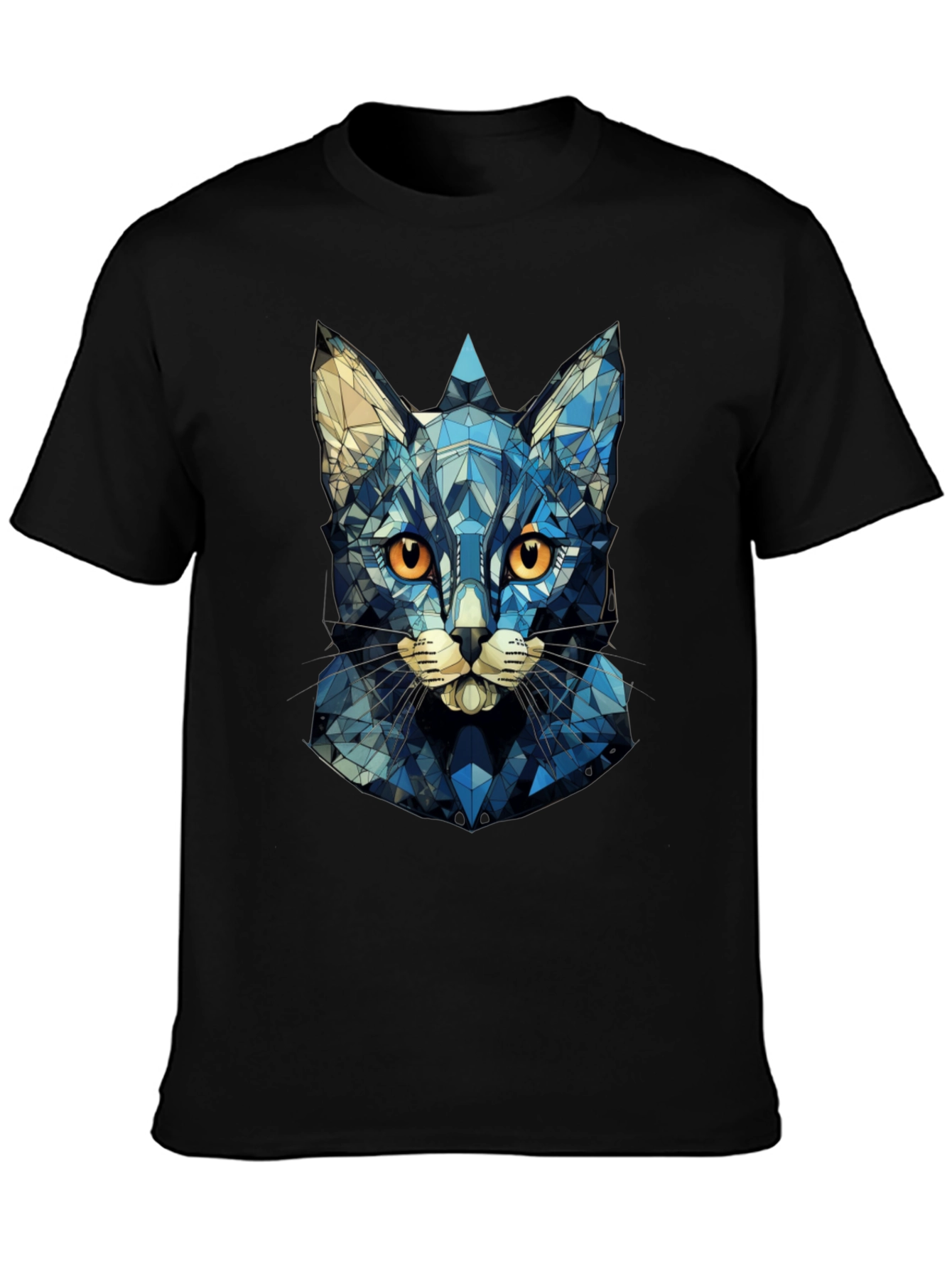 Geometric Blue Cat Graphic Print T-Shirt