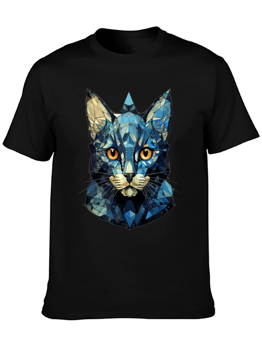 Geometric Blue Cat Graphic Print T-Shirt