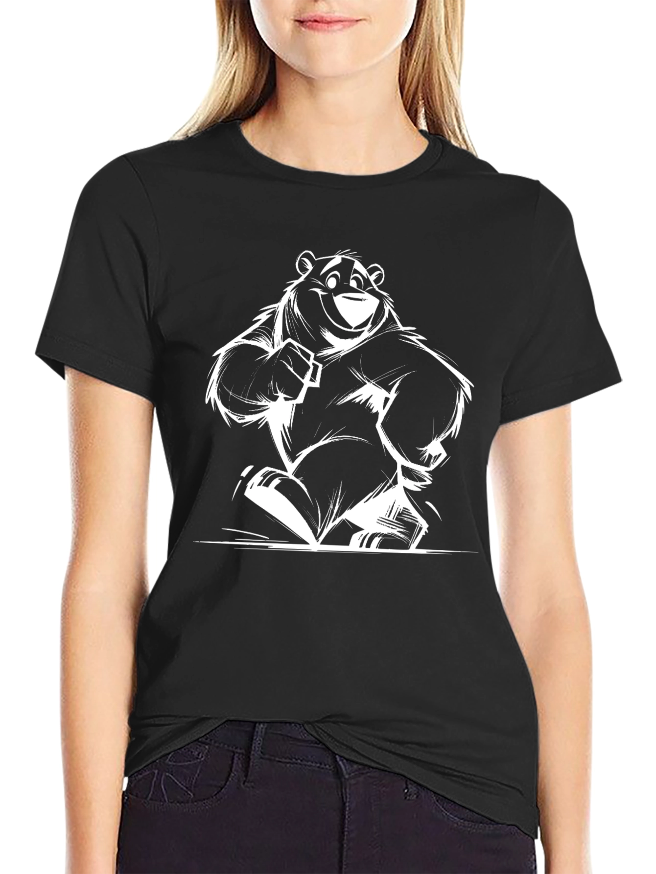 Bear Cartoon Graphic T-Shirt - Black