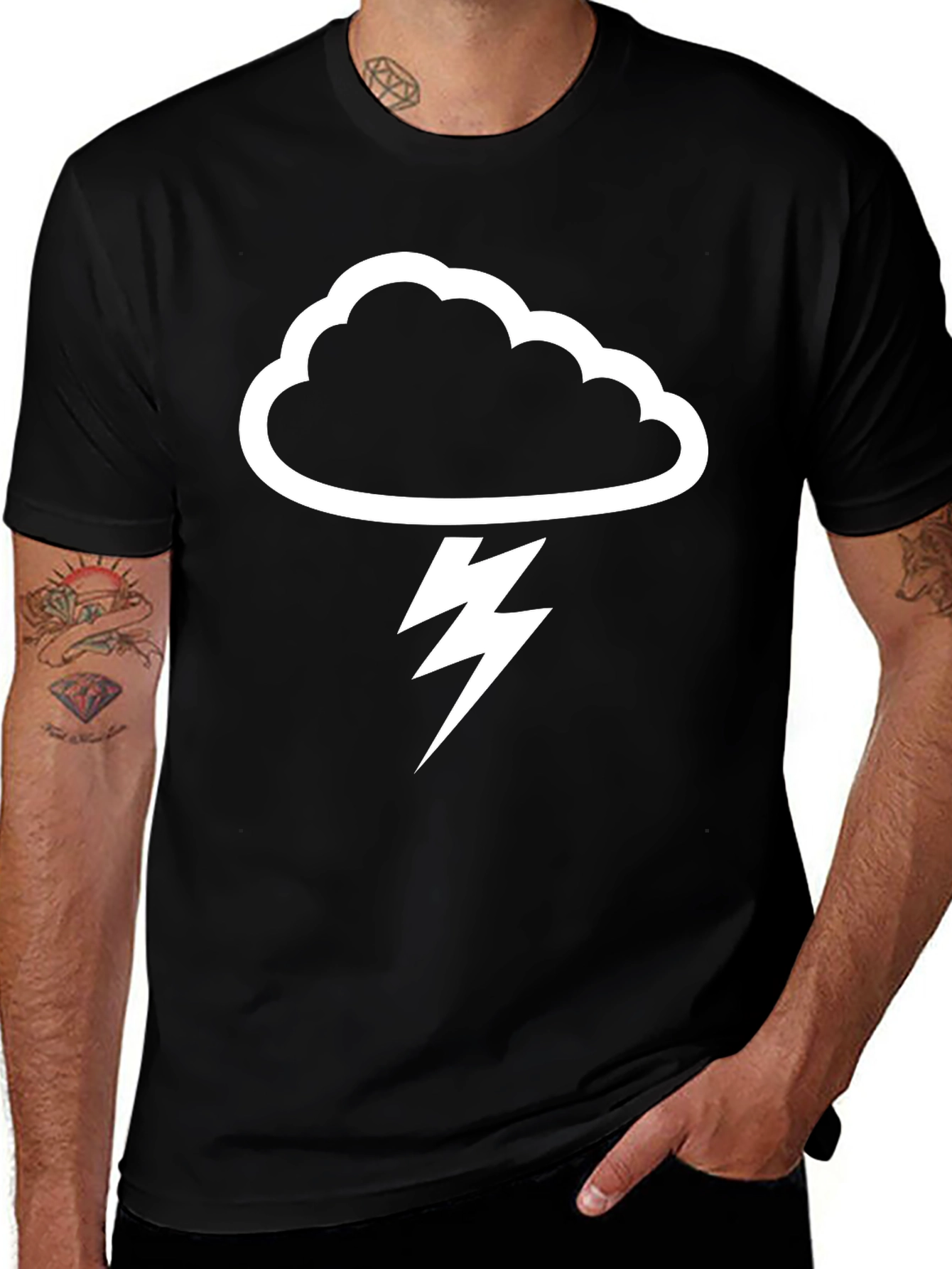 Storm Cloud Lightning Bolt Graphic T-Shirt - Black