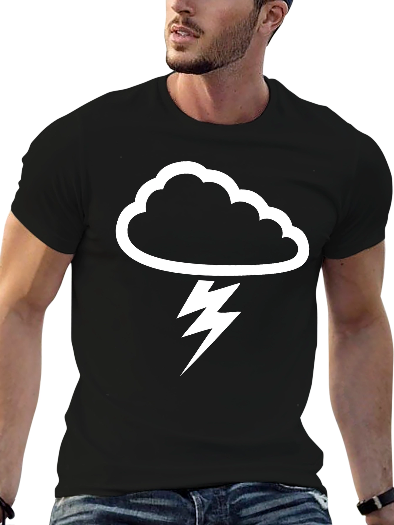 Storm Cloud Lightning Bolt Graphic T-Shirt - Black