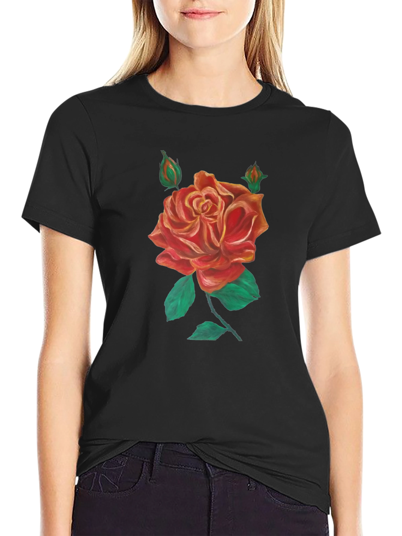Black T-Shirt with Rose Graphic