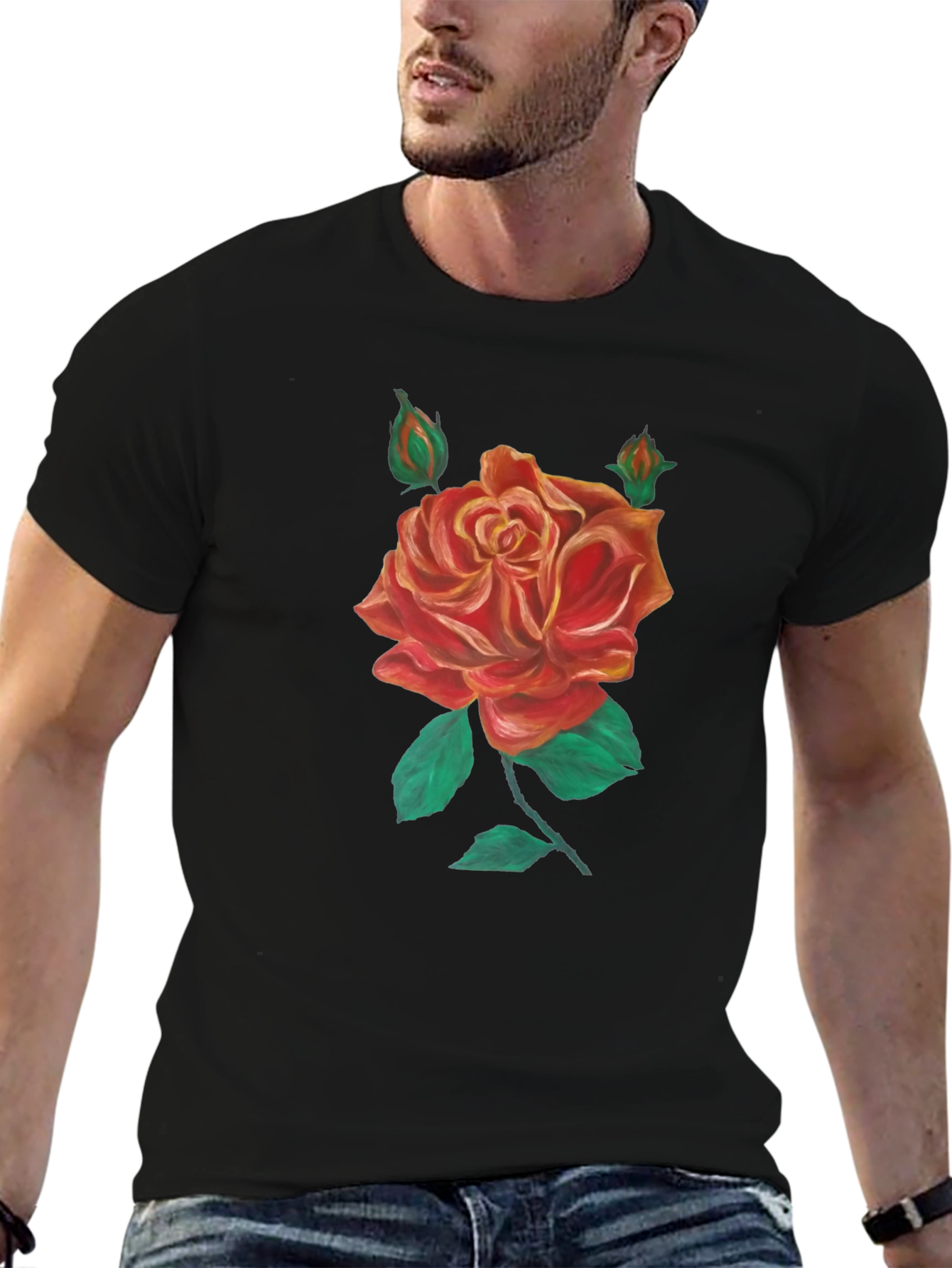 Black T-Shirt with Rose Graphic