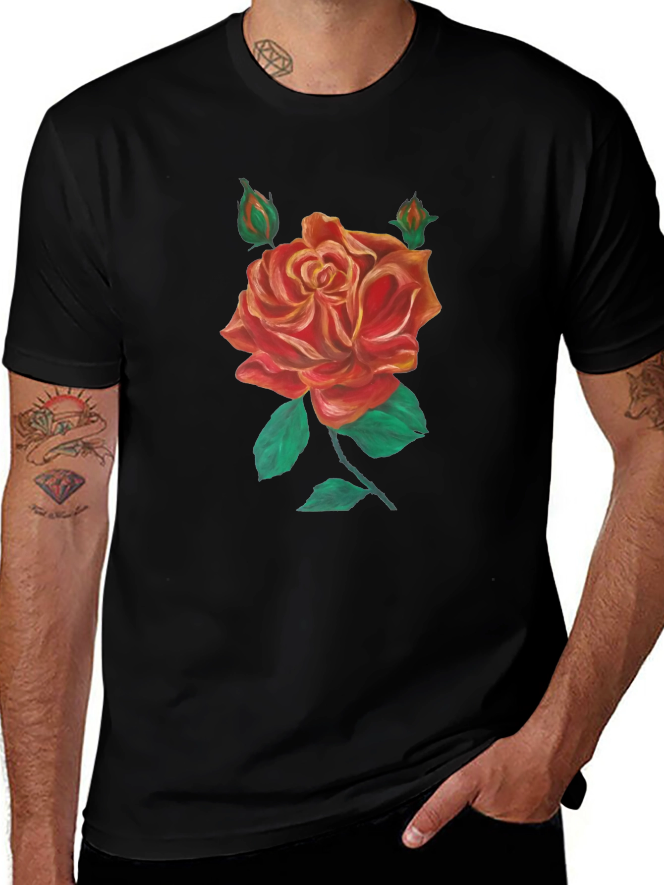 Black T-Shirt with Rose Graphic