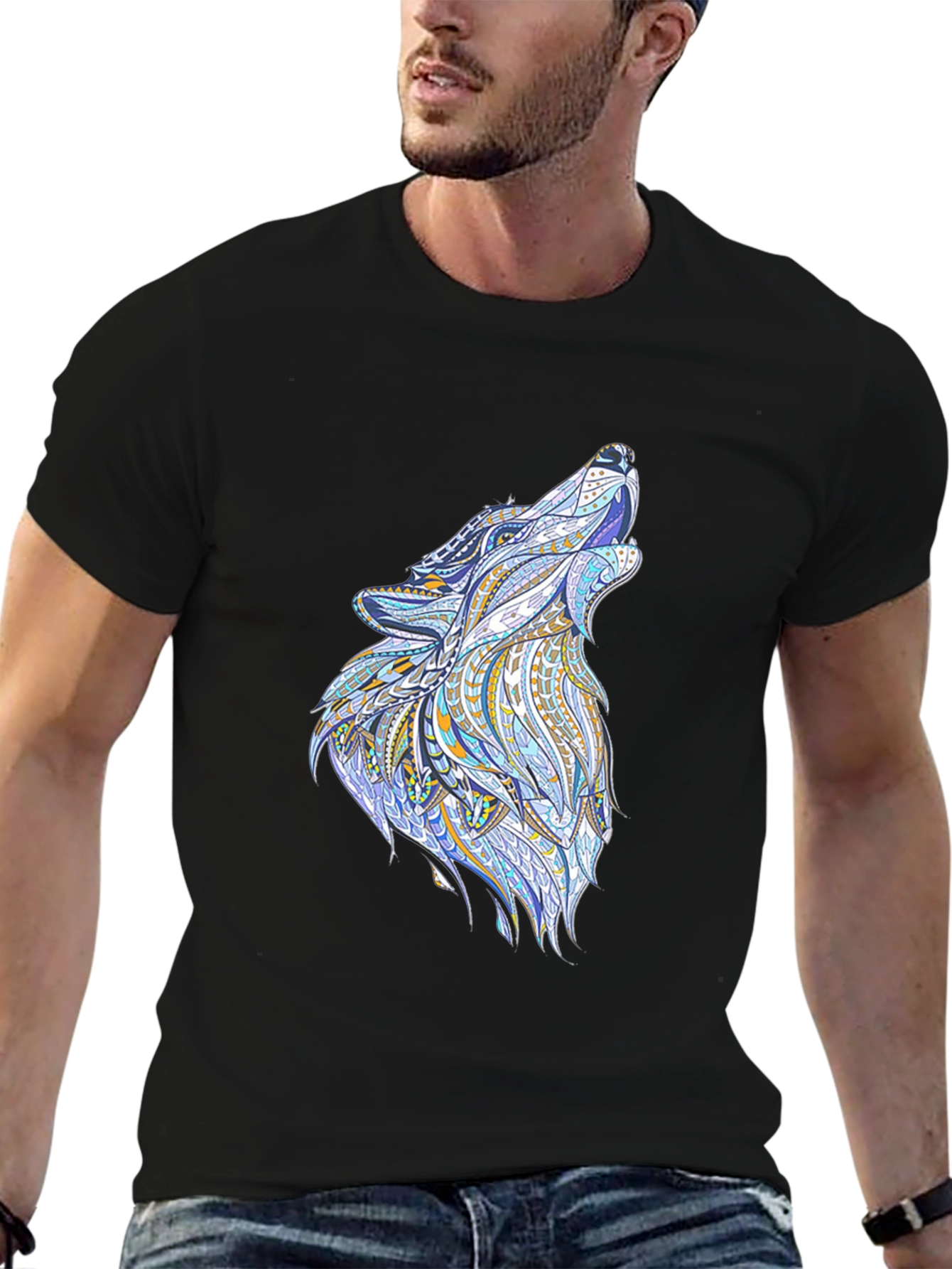 Mens Black Tee with Wolf Graphic