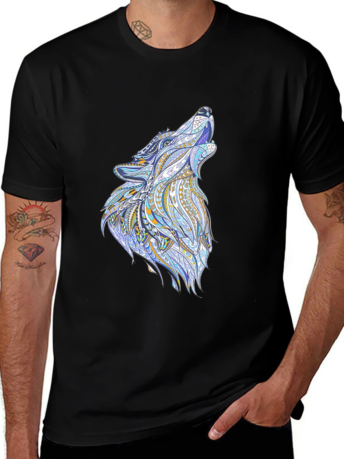 Mens Black Tee with Wolf Graphic