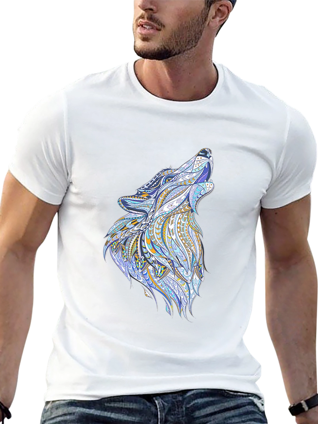 Mens Black Tee with Wolf Graphic