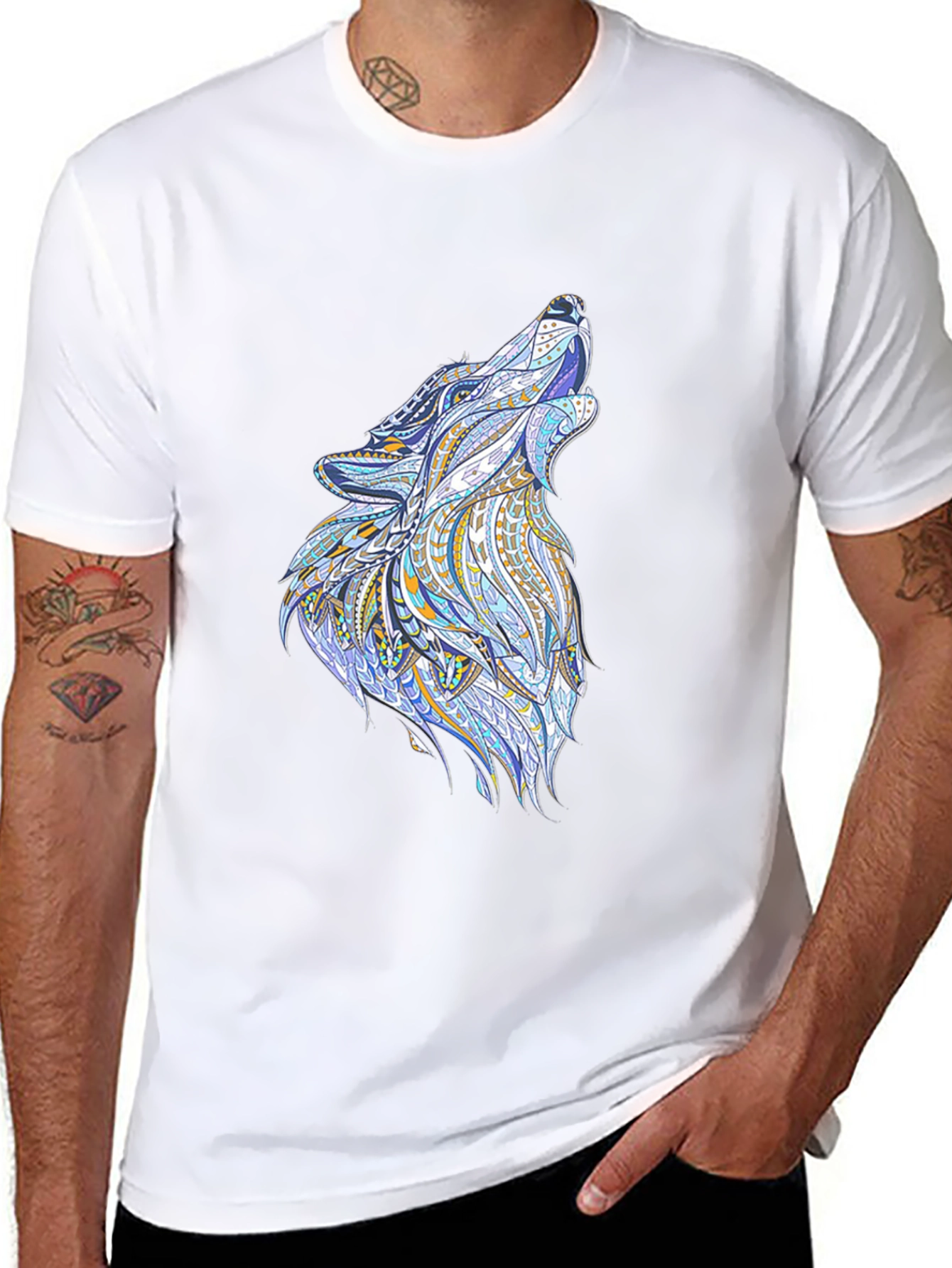 Mens Black Tee with Wolf Graphic