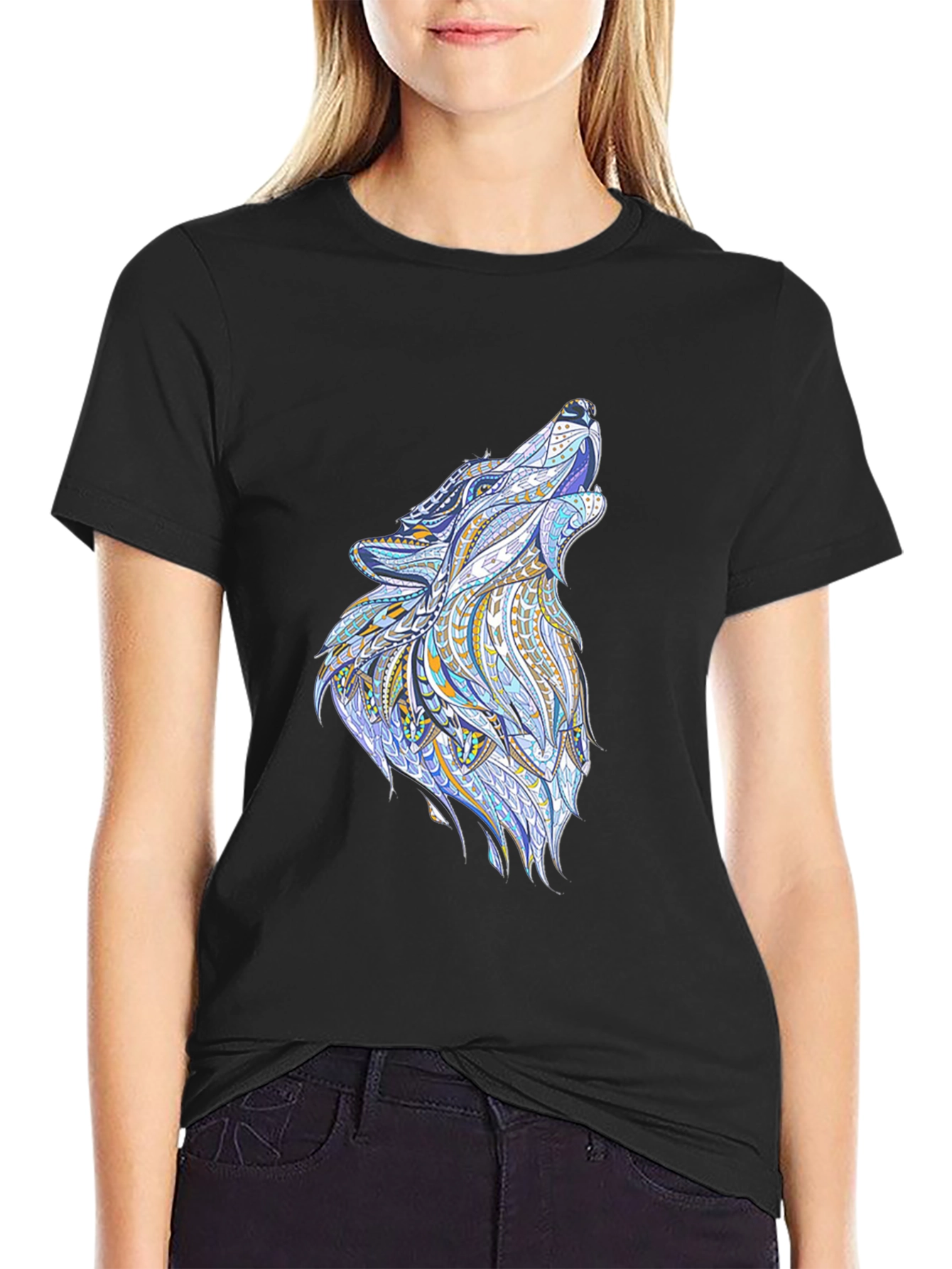 Mens Black Tee with Wolf Graphic