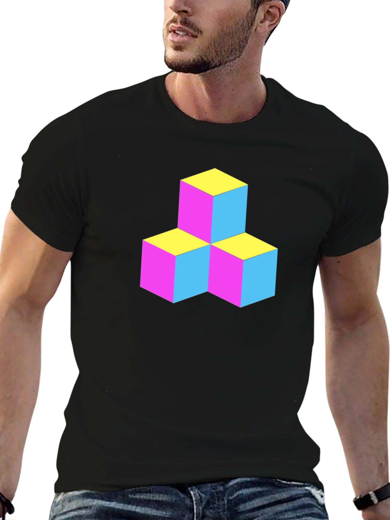 Geometric 3D Cube Graphic Tee - Black