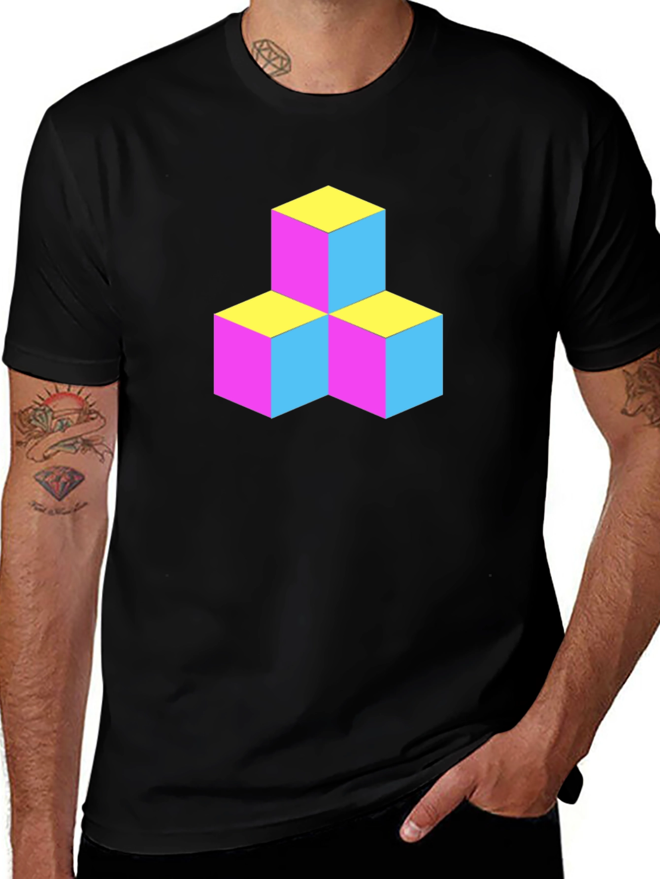 Geometric 3D Cube Graphic Tee - Black