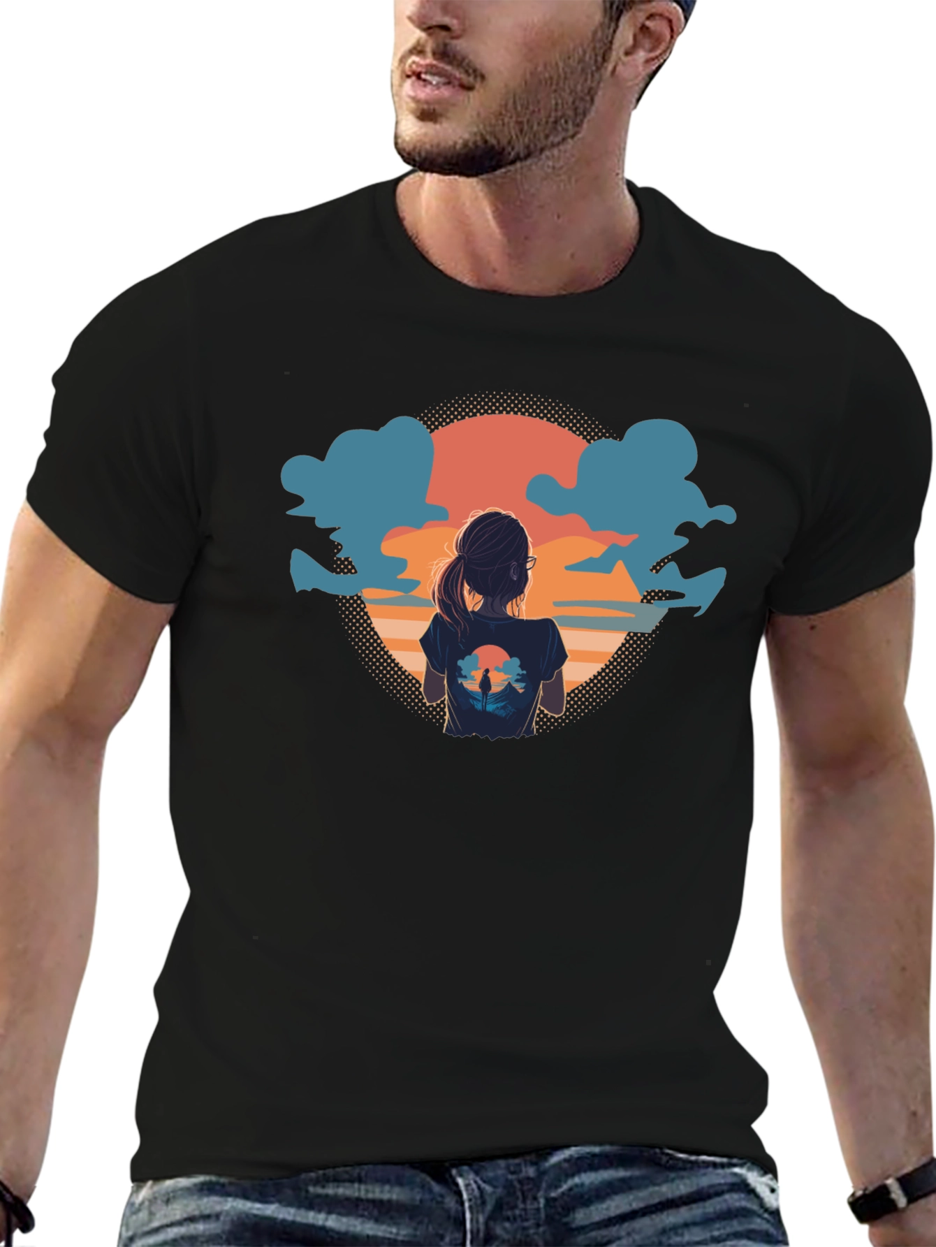 Sunset View Graphic Tee - Soft Black Cotton