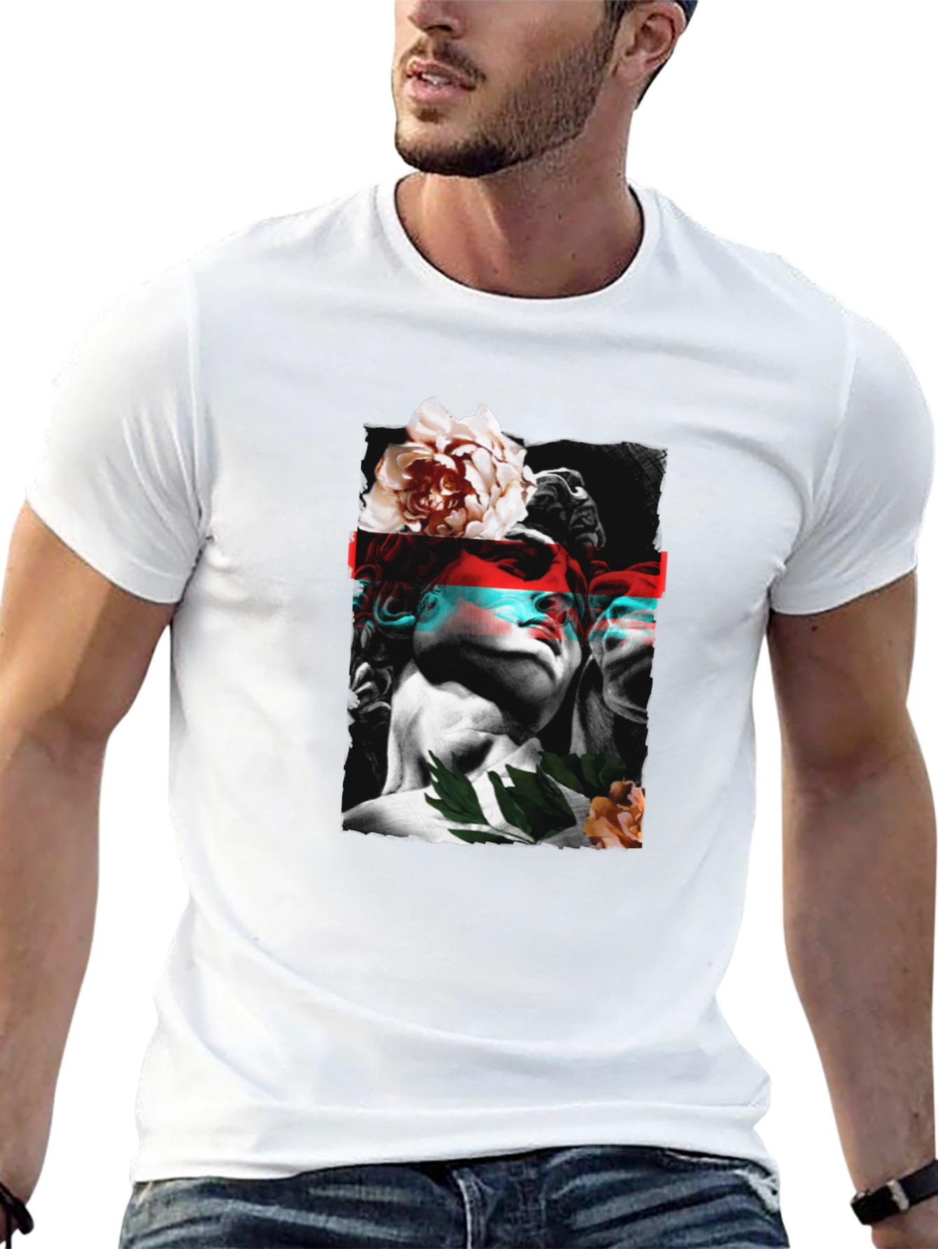 Statue & Floral Graphic Print Black T-Shirt