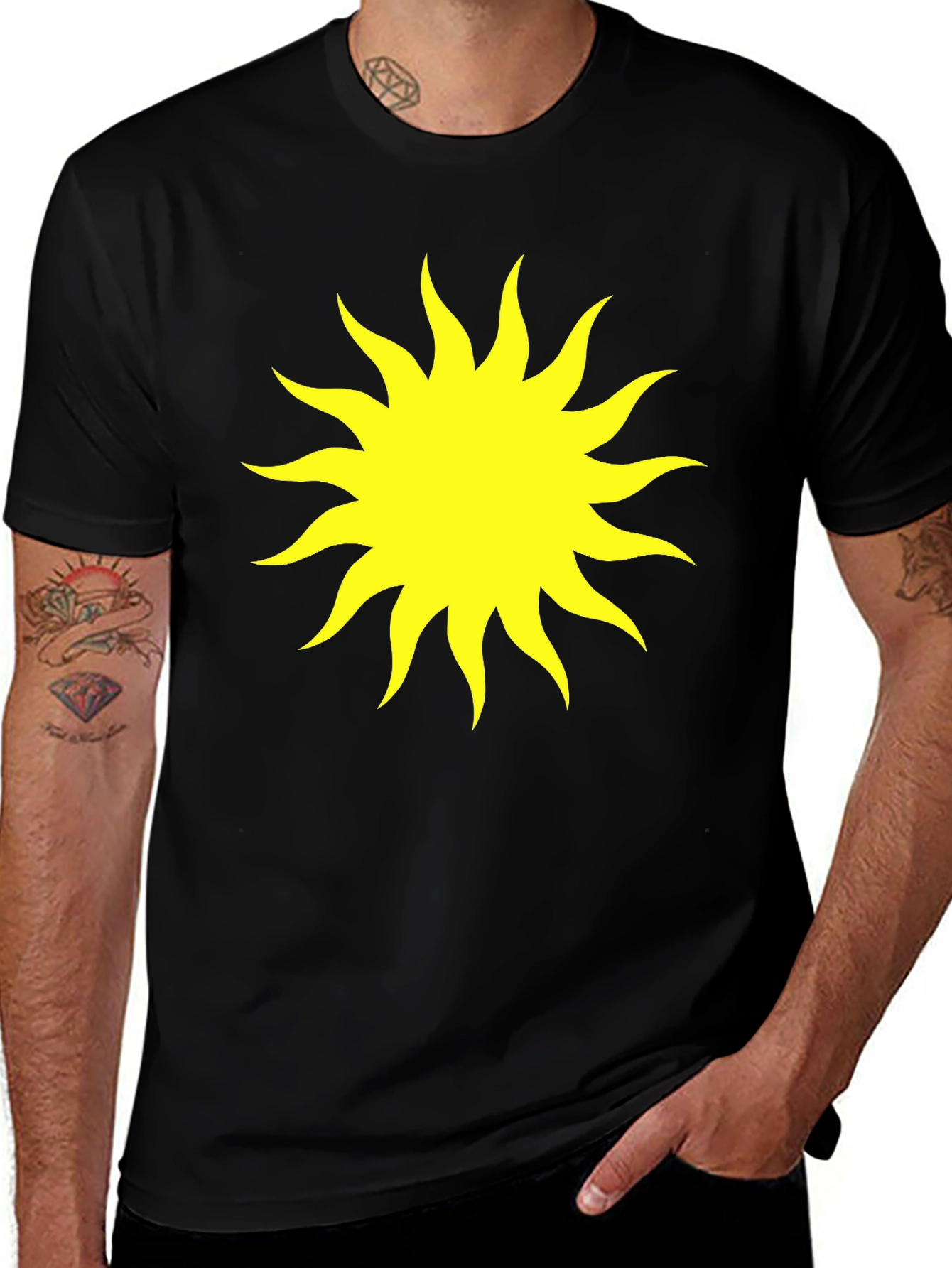 Black T-Shirt with Yellow Sun Graphic